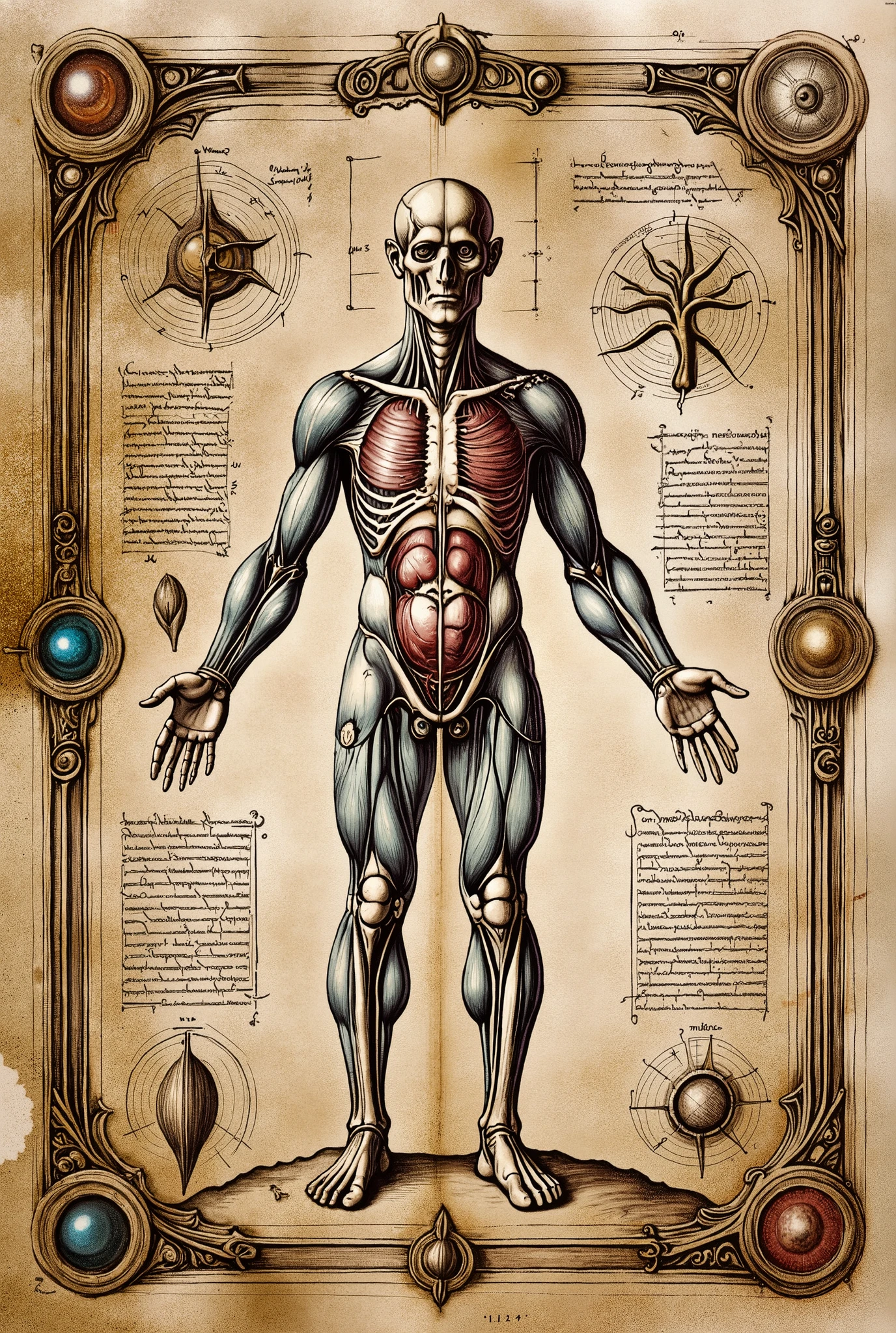 Colourful Medieval Illuminated manuscript style artwork, ((textbook manuscript page)) black ink pen linework illustration of labelled anatomical drawing of ((mythical fabled fantasy woodland dreamland creatures)), showing internal structure; bones, muscles, internal organs.