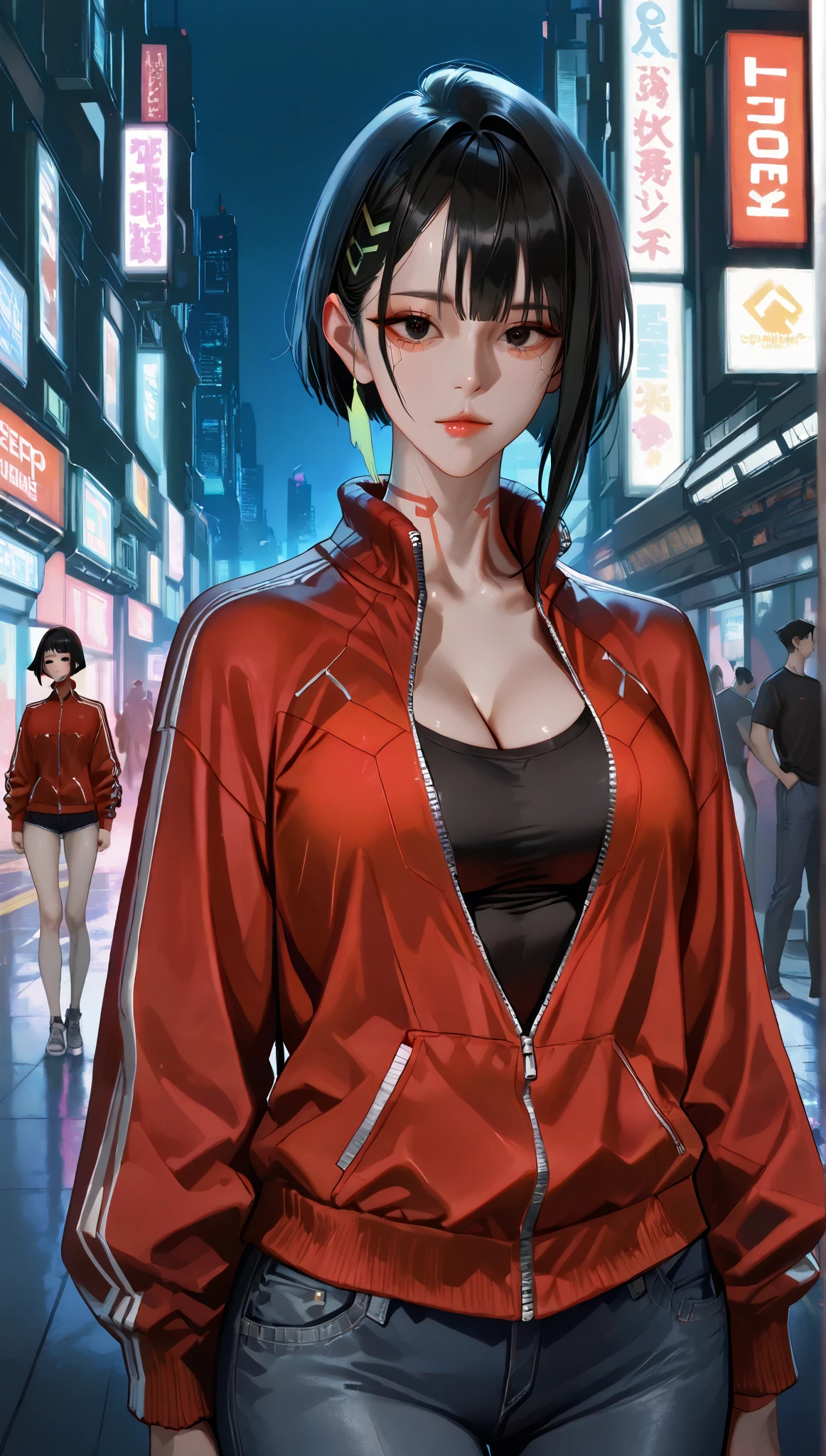 very aesthetic, 걸작, 고해상도, 8k 해상도, high contrast, semrealistic, newest, koreanai, best_quality, finely_detailed_eyes_and_detailed_face, 1 korean_여성, cyberpunk,  edgerunners, cyberware, black_eyes, black_hair, short_hair, red_track_jacket, black_shirt, denim_pants, looking at viewer, (standing, purpose, night city), front_view, cowboy_shot, skinny_body, (humongous_breasts:1.4), cleavage, (skinnybody:1.2),beautiful,  pretty