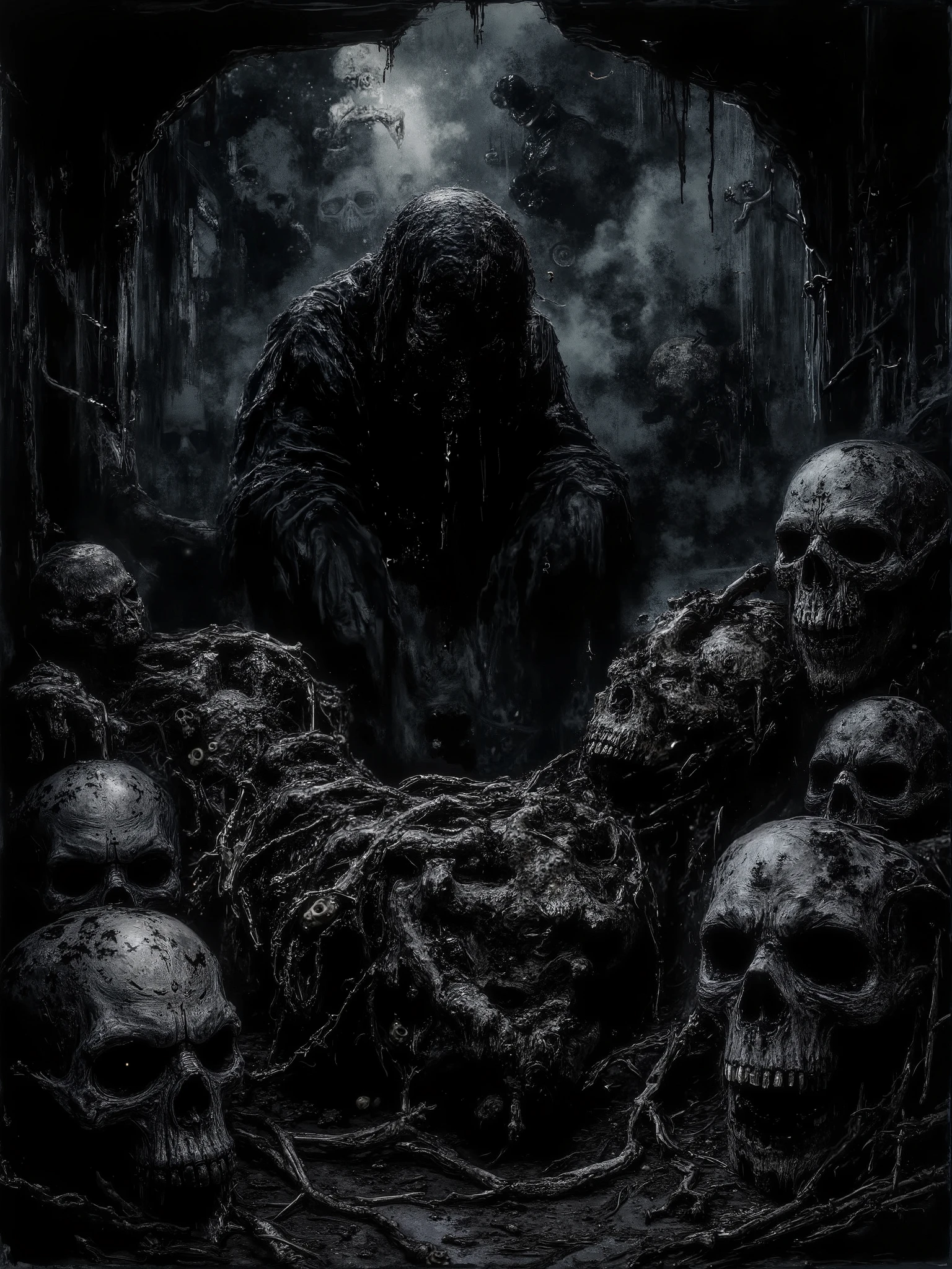 (nighttime scene), Horror, haunted, dead body, skulls, Images depicting hell, Necrotic bacteria, Image style painting, Realistic, Shadows, HD, High quality, Cinematic