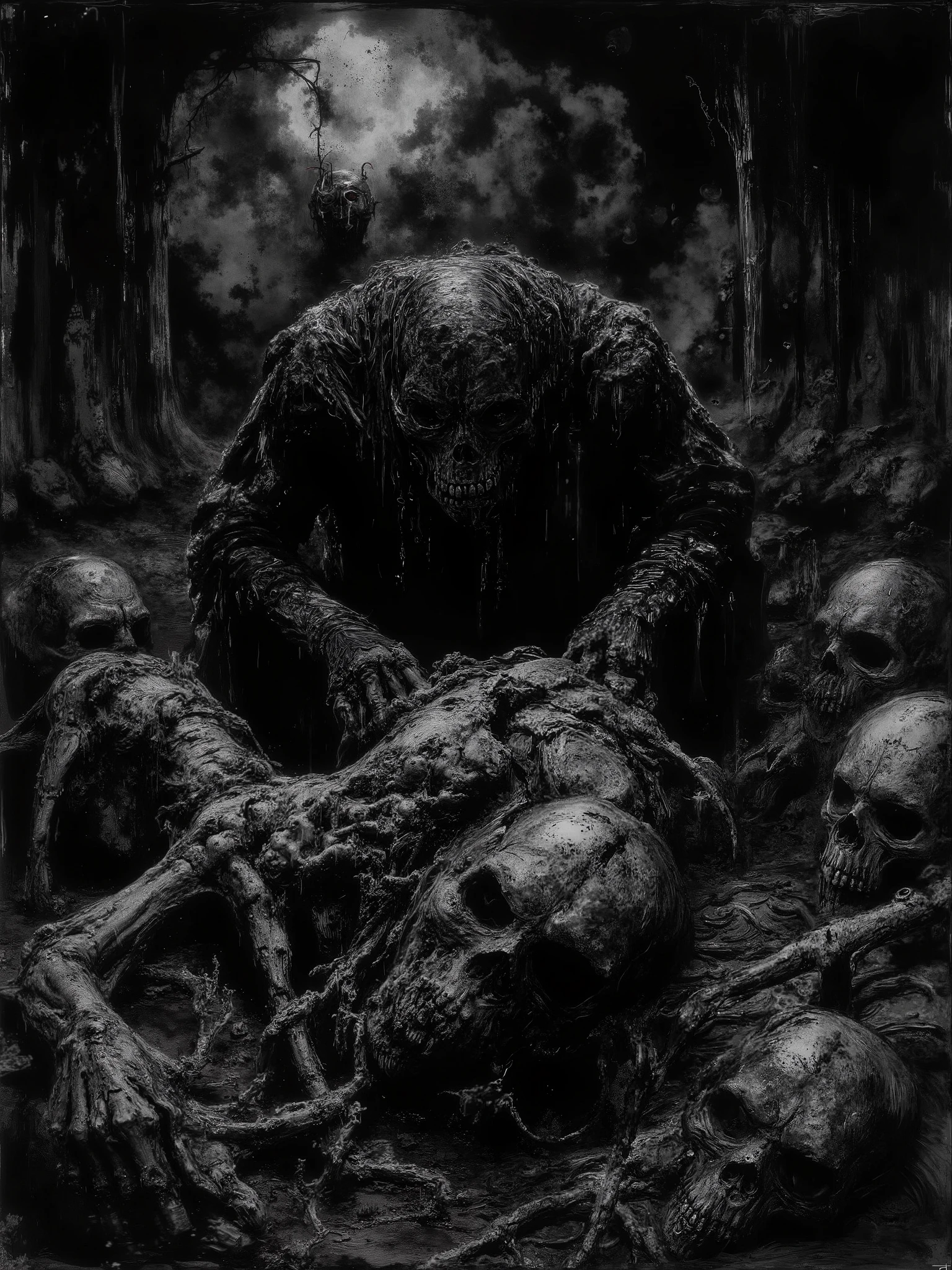 (nighttime scene), Horror, haunted, dead body, skulls, Images depicting hell, Necrotic bacteria, Image style painting, Realistic, Shadows, HD, High quality, Cinematic