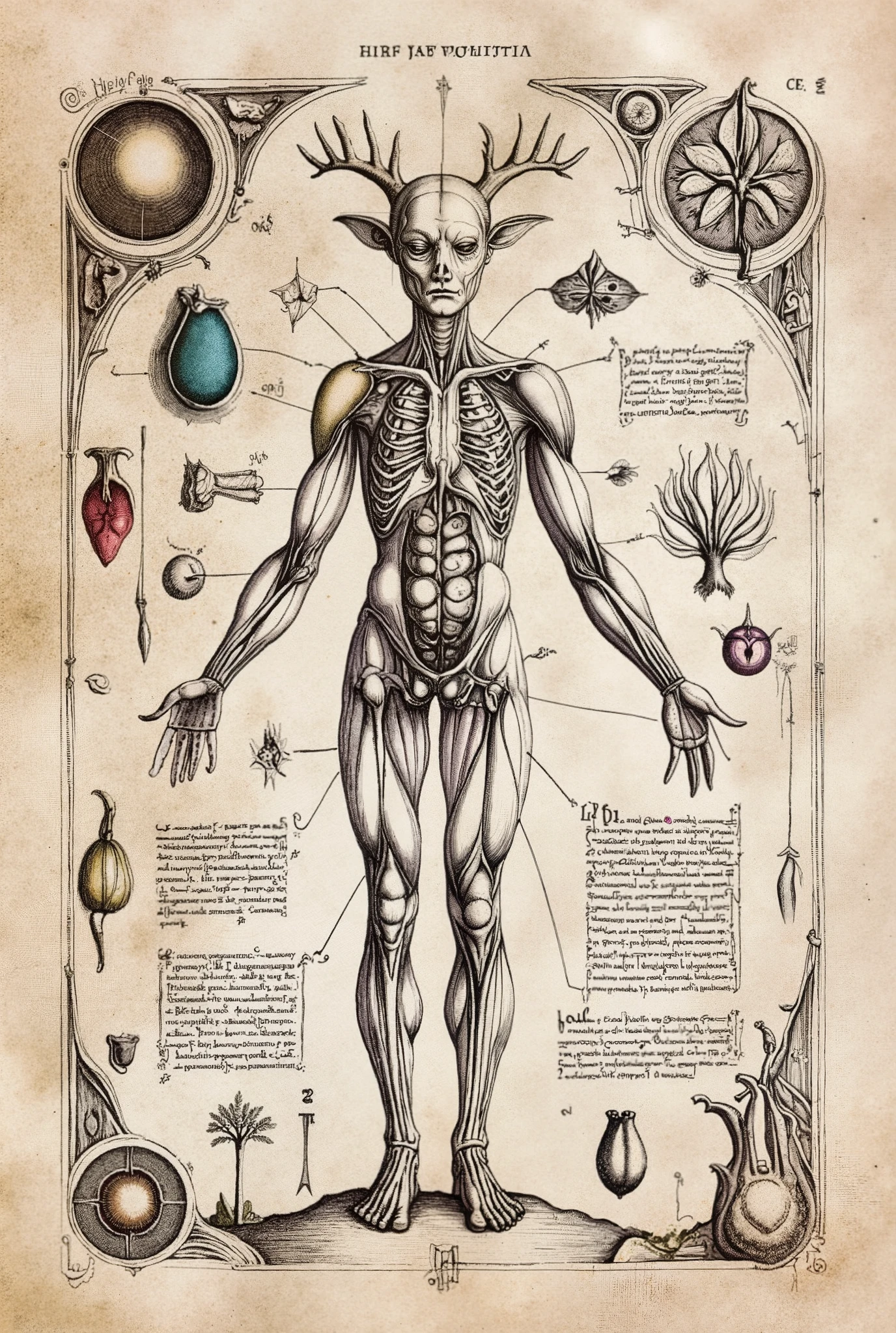Colourful Medieval Illuminated manuscript style artwork, ((textbook manuscript page)) black ink pen linework illustration of labelled anatomical drawing of ((mythical fabled fantasy woodland dreamland fae)), showing internal structure; bones, muscles, internal organs.
