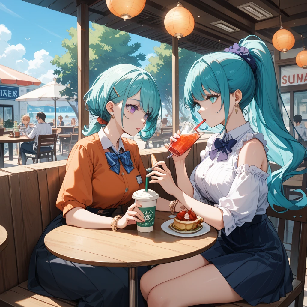 ((​masterpiece,hight resolution,8K picture quality,top-quality)),1girl in,((extra detailed face)),a 20 yo woman,Sunbeams shining through the leaves, delicate eyes,Aqua blue eyes,A pink-haired,Dramatic makeup,close up,profile,((The upper part of the body:1.5)),Looking at the camera,Look at viewers,a smile,natural perm short hair,voluminous hair,fluffy hair,Natural complexion,Super delicate CG unity,Elbow,((Drink a drink through a straw,cream soda)),Oversized jackets,cafe terrace,Wooden table,