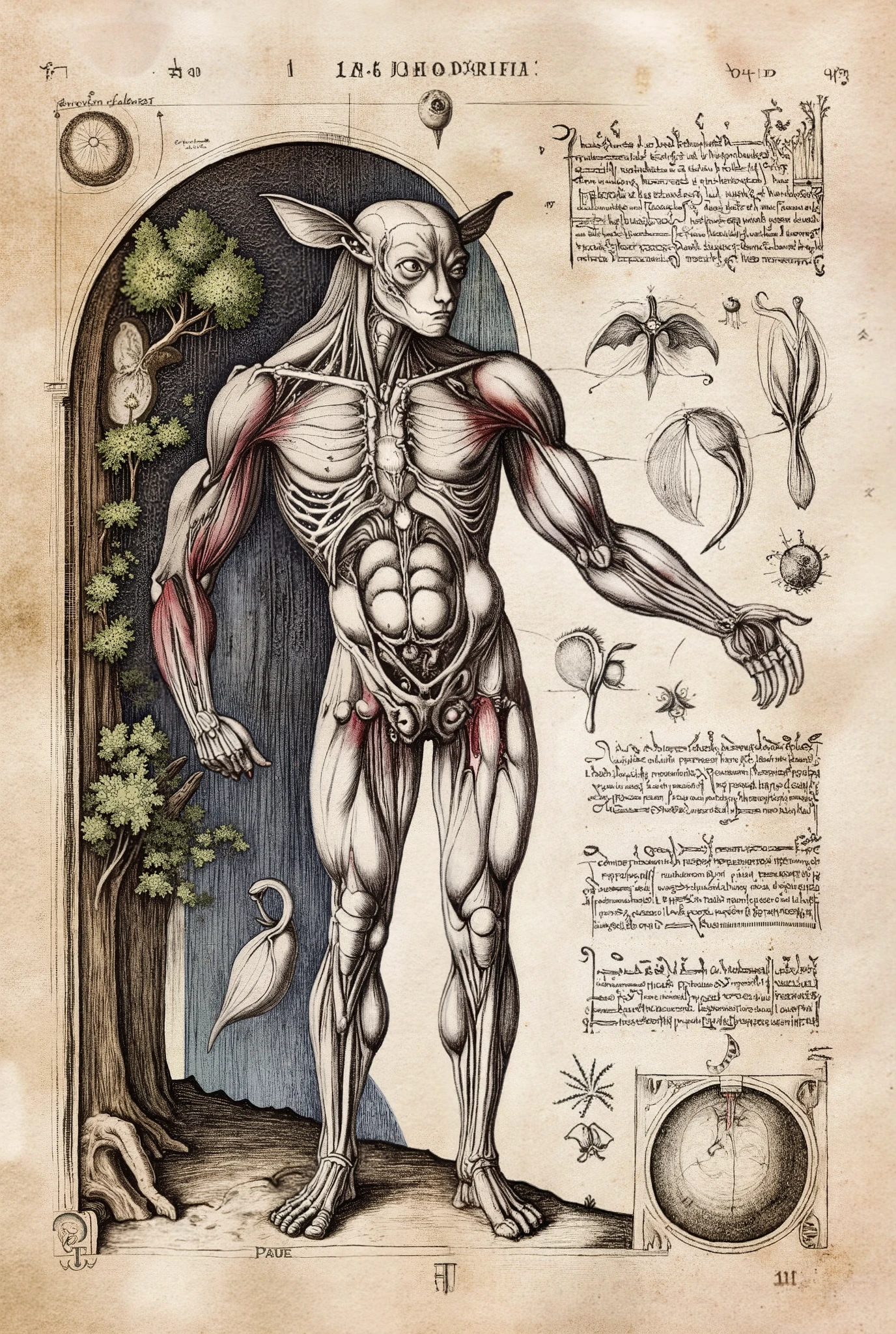 Colourful Medieval Illuminated manuscript style artwork, ((textbook manuscript page)) black ink pen linework illustration of labelled anatomical drawing of ((mythical fabled fantasy woodland dreamland (fairy))), showing internal structure; bones, muscles, internal organs.