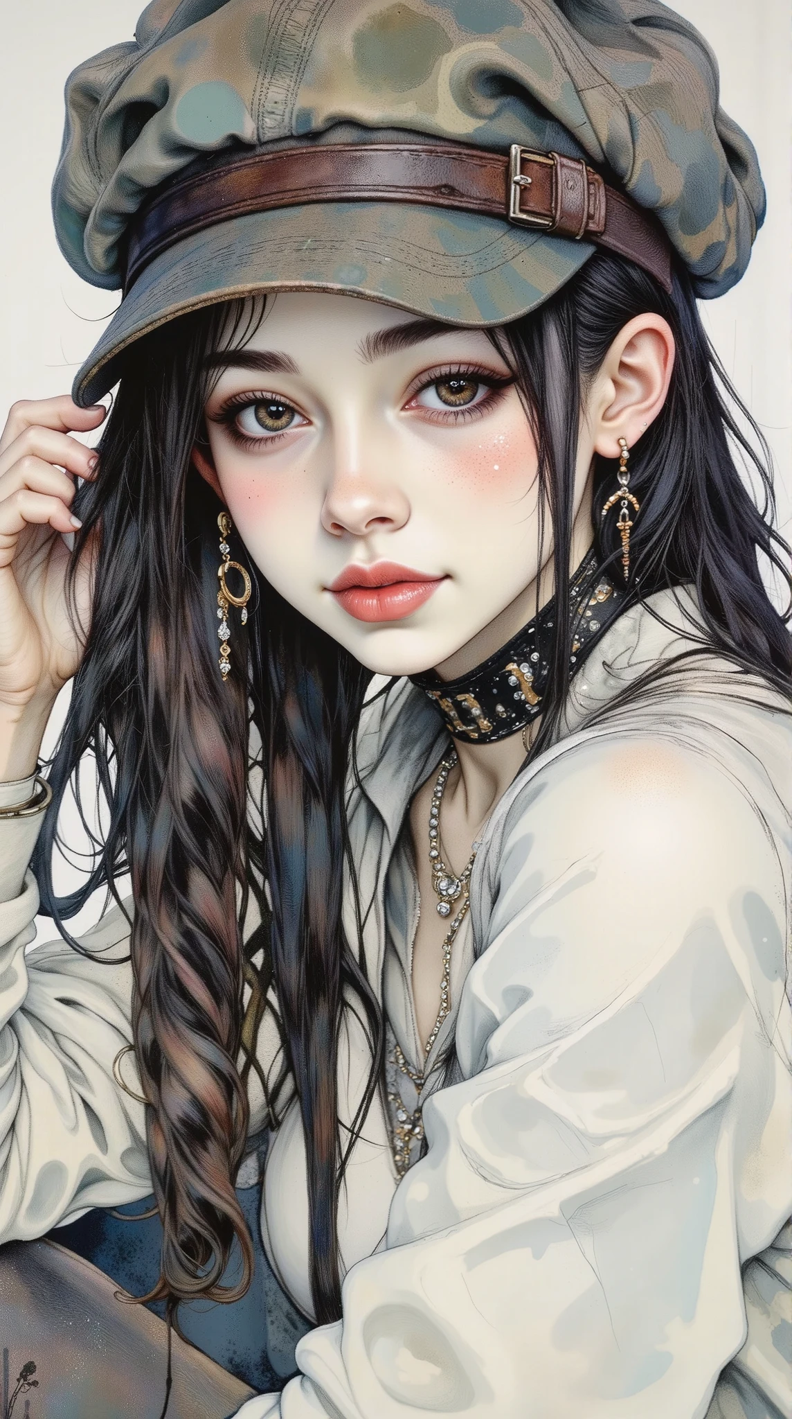  a close up of a woman wearing a wool hat with a buckle on her head,  wears earrings with rings on her ears ,  full lips and kiss them with reddish sparkles , white top necklace ,  she is half profile of the camera ,   Germ of Art.  high detail, ross drawings 1. 0,  Germ of Art portrait,  artwork in the style of Guweiz ,  Beautiful drawing style ,  Germ of Art.  Anime Illustration,  Germ of Art and rossdraws, pencil drawing well-marked lines , ross drawings 2. 0,  portrait of Rossdraws 