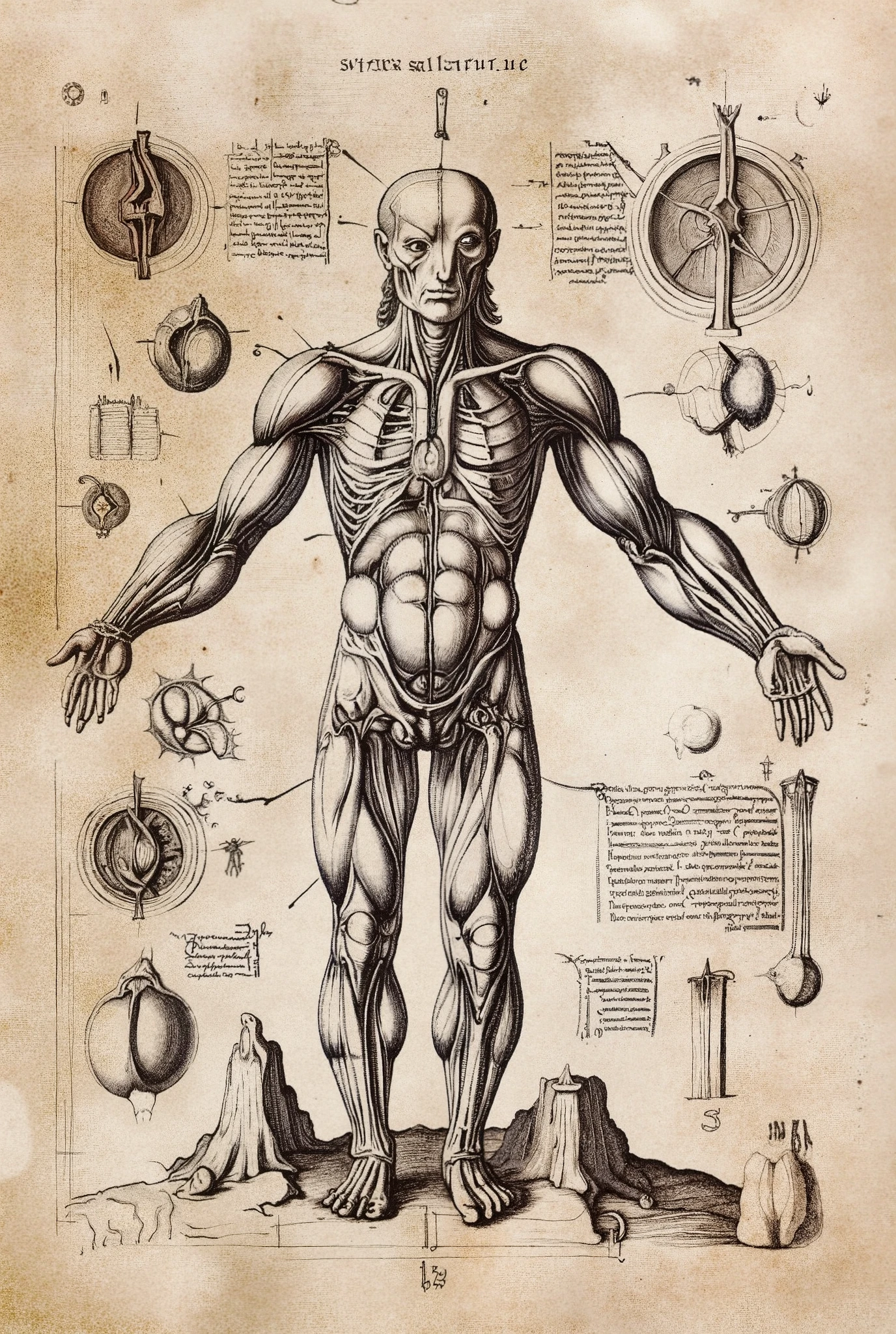 Colourful Medieval Illuminated manuscript style artwork, ((textbook manuscript page)) black ink pen linework illustration of labelled anatomical drawing of ((mythical fabled fantasy woodland dreamland (fairy))), showing internal structure; bones, muscles, internal organs.