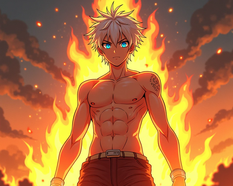 Anime boy with white hair and manly face ,shirtless,with flames on the body ,with dark cap,The cap has a small orange crown ,The pants are dark with wings drawn on the sides ,The drawn wings are golden and shine ,the hair under the cap,the hair is brown
,The cap covers the entire top of the hair