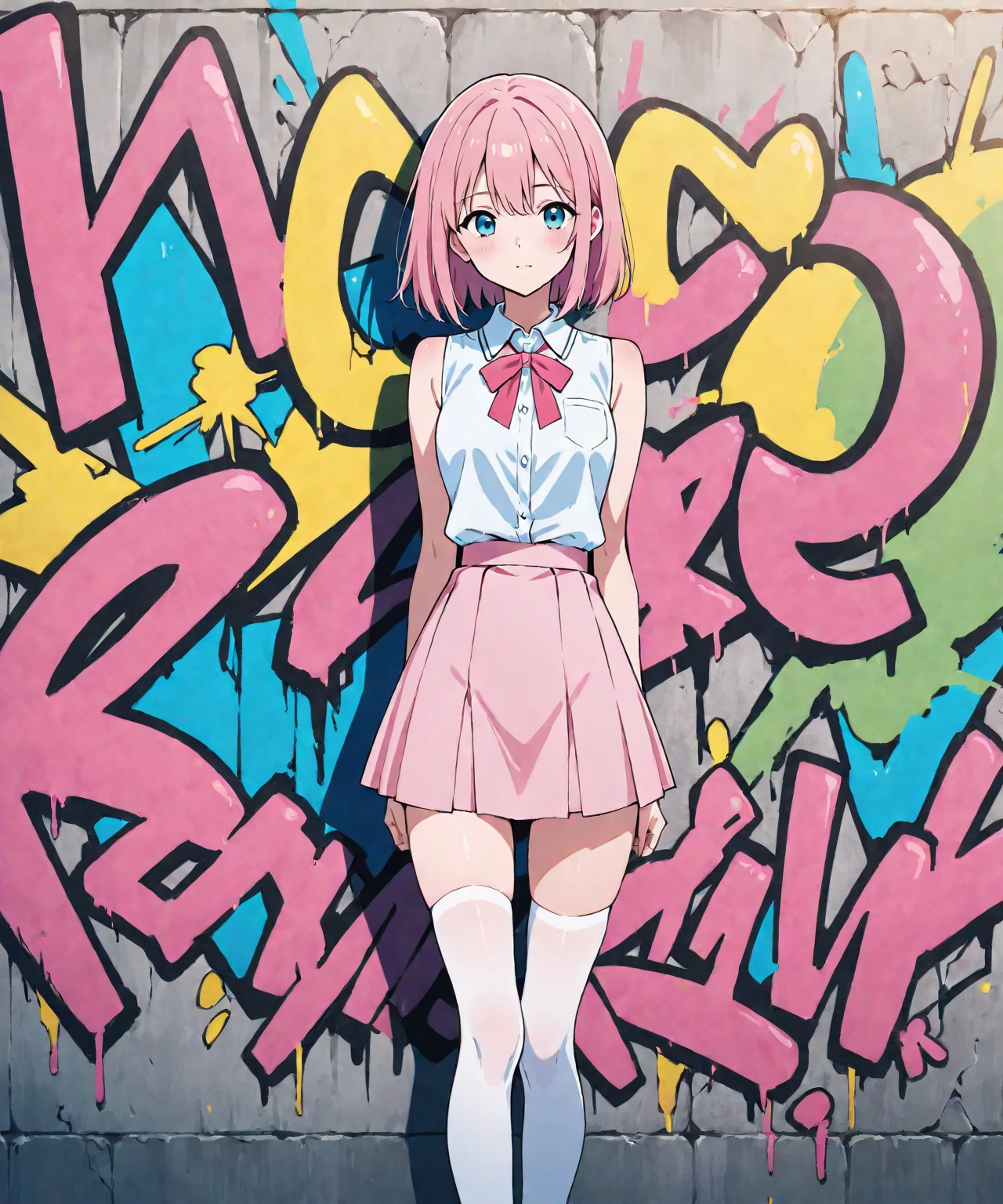 very beautiful & cute anime girl with long pink hair & blue eyes, wearing a pink skirt & a white sleeveless seifuku shirt, white knee-high socks, standing in front of a graffiti wall, 1girl, solo