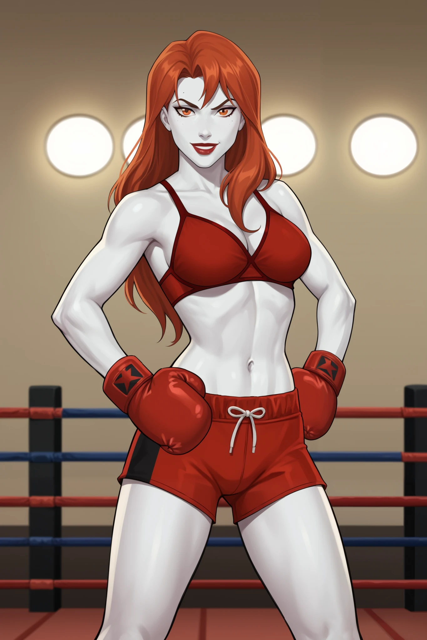 PonyXLV6_Scores BREAK (perfect anatomy, perfect eyes), BREAK mgann morzz, long hair, red hair, colored skin, white skin, orange eyes, makeup, lipstick, ((looking at viewer)), superhero, vermillion racerback bra, vermillion muay thai boxing shorts, curvy, toned, athletic, breasts, milf, standing, hand on hips, raised eyebrow, indoors, gym, smiling, vermillion boxing gloves, boxing ring 