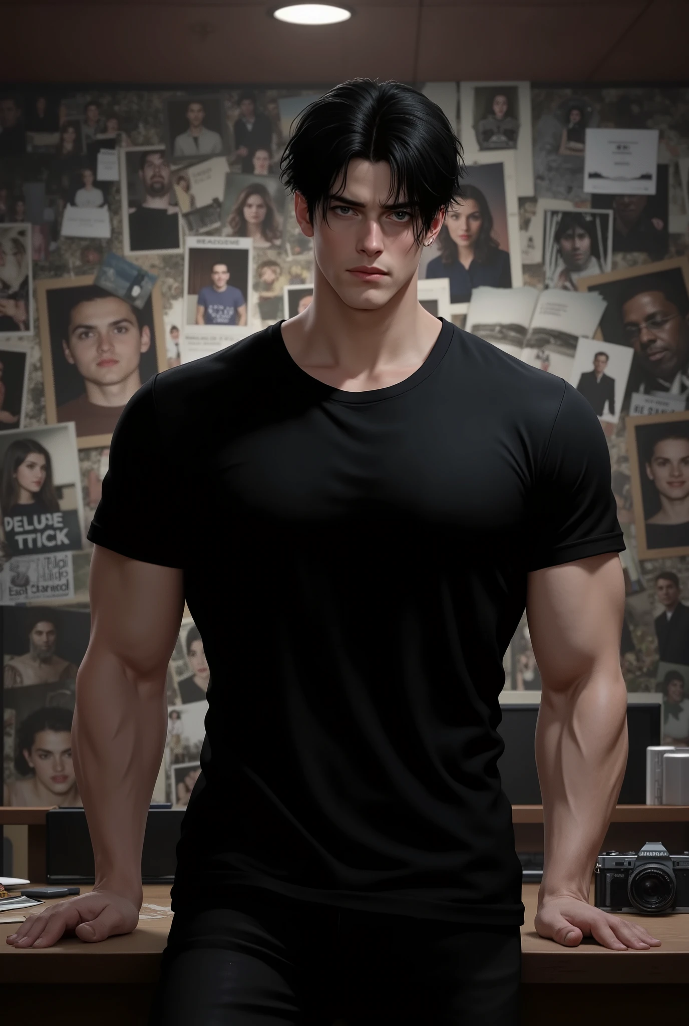 19 year old man, tall, strong, fair skin, disheveled black hair, light green eyes, defined jaw, full lips, he is wearing a black t-shirt and with his back turned looking to the side, he has broad shoulders and defined arms, he has a somber look, behind him is a desk with a camera and on the wall behind him there is a mural with several photos.