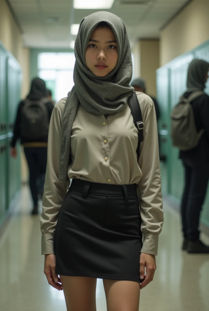 (high resolution), sex satisfy face, oval eyes, slim waist, south east asian face, Malaysian hijab muslim, sexy, darker skin color, short legs, golden ratio body shape, camel toe clear, prison background, seethrough