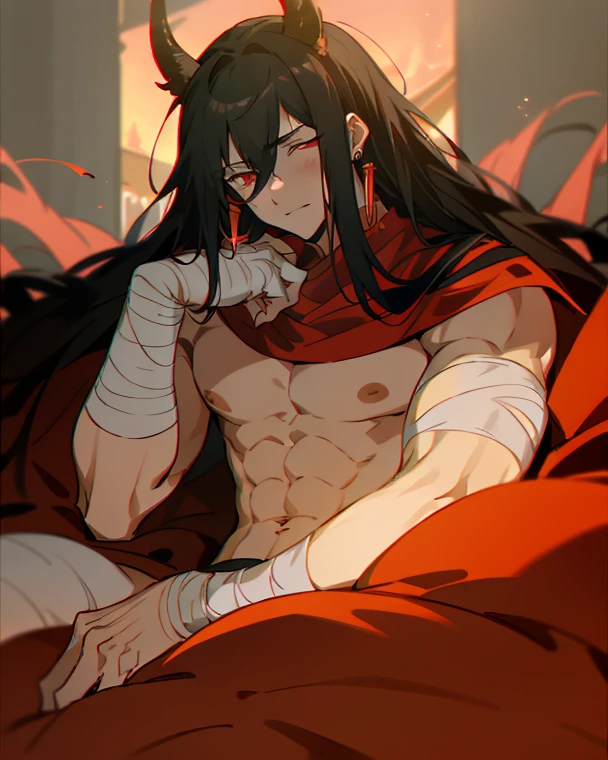 Teen Handsome boy ,piercings,, wavy and long black hair With white and red wicks and a little messy, populated eyebrows, tattoos,dominant traits, Dominant look, red dominant eyes,muscular body, Lying with his legs slightly open, in an elegant black suit,night,dim light