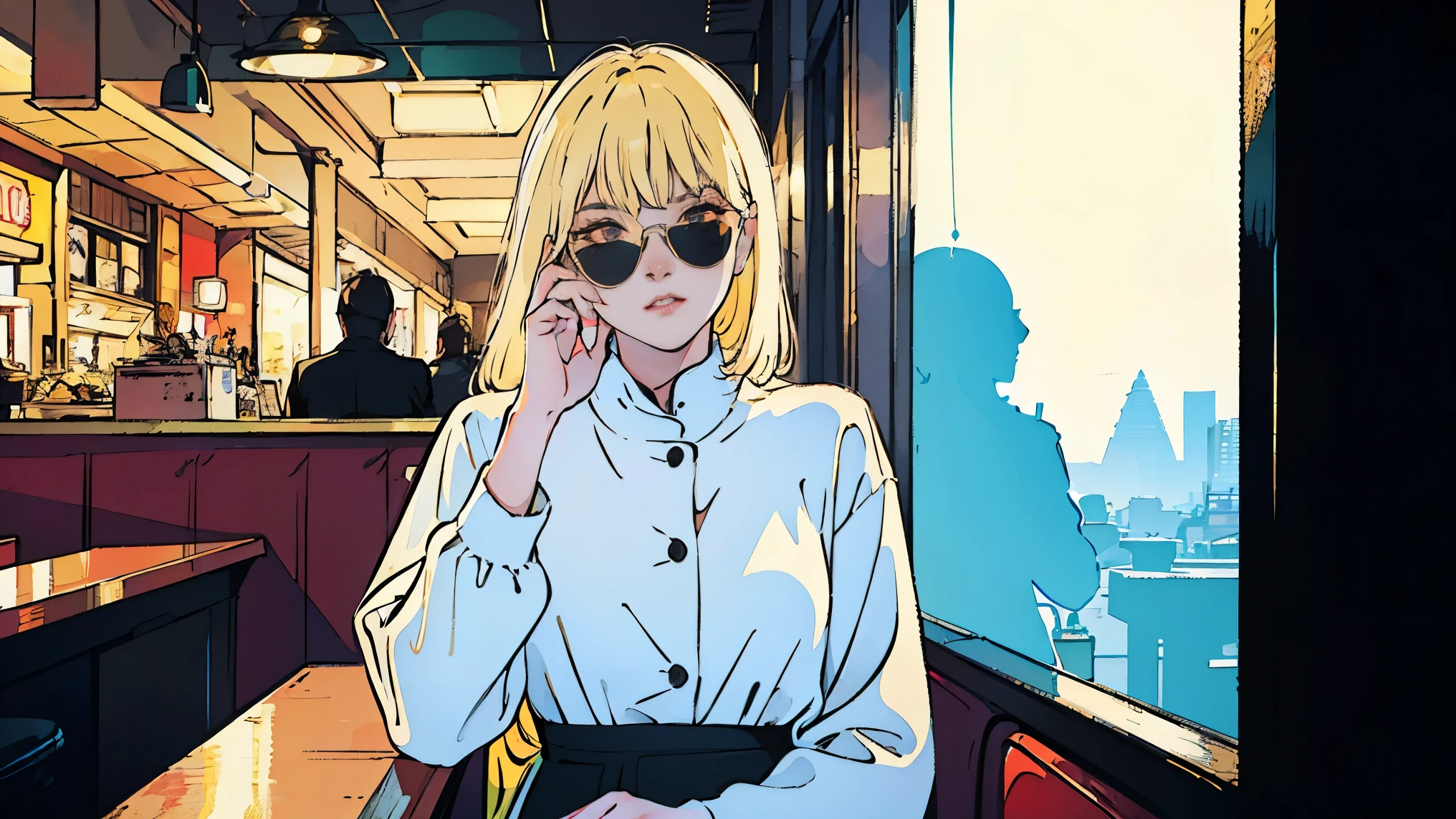Beautiful blonde Asian girl sitting in a restaurant at night,, Visible from the window, Perfect Face, sunglasses, Smoking white Taylormade cigarettes, Neon Black, (Backlit: 1.1), Hard Shadows, masterpiece, Highest quality, Complex, Model shooting style, Vintage, Film Grain, Incomplete details