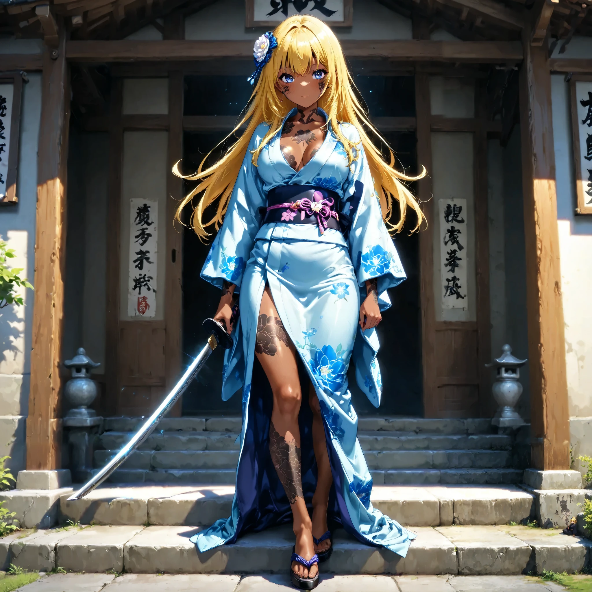 A beautiful ninja holding a Japanese sword、 random posing、yellow hair、 Brown skin 、 Read more、 Japanese kimono、 perfect face、 Masterpiece, anatomically accurate, top quality, textured skin, full body tattoos /Japanese carving/、 Movie Light Effects , anime screenshot