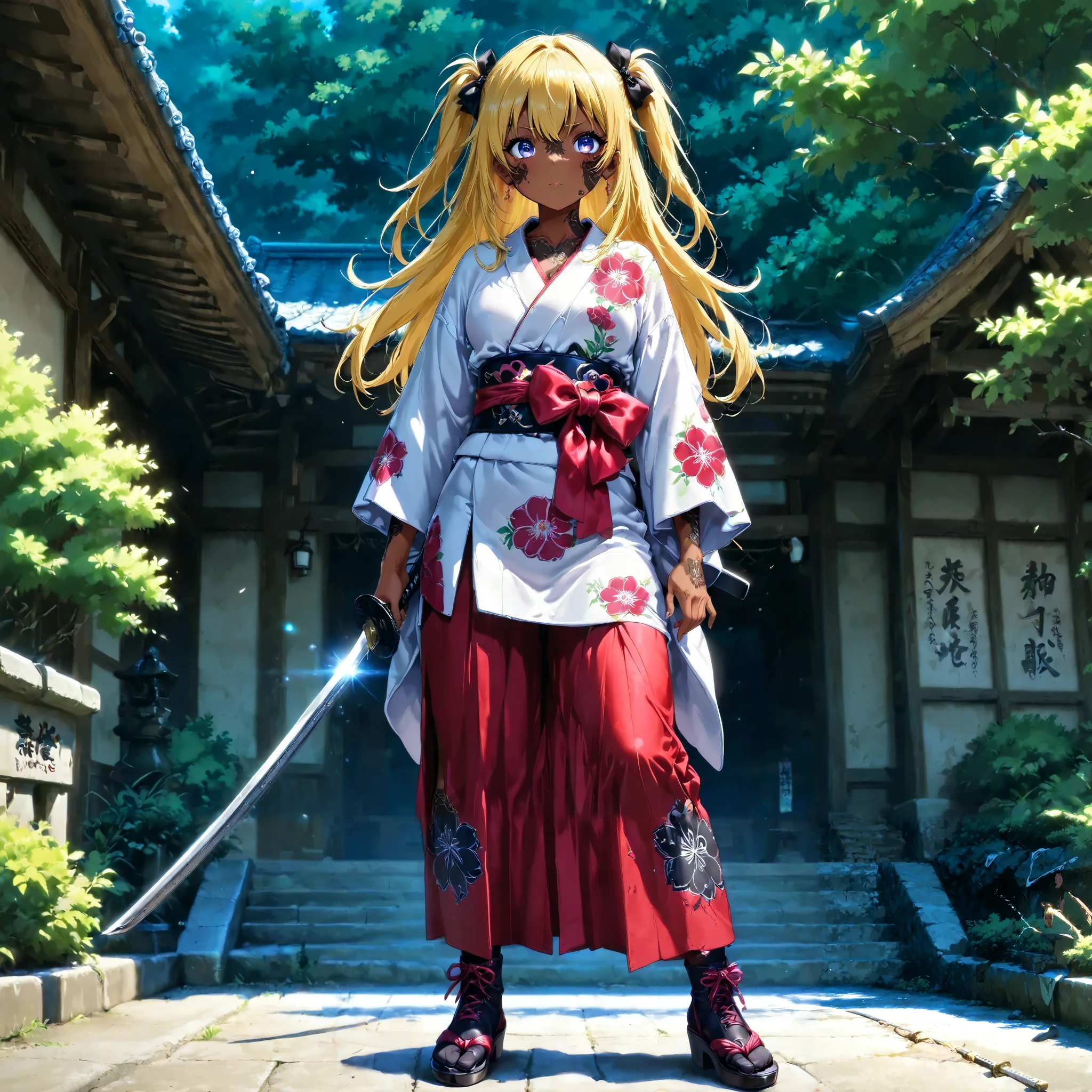 A beautiful ninja holding a Japanese sword、 random posing、yellow hair、 Brown skin 、 Read more、 Japanese kimono、 perfect face、 Masterpiece, anatomically accurate, top quality, textured skin, full body tattoos /Japanese carving/、 Movie Light Effects , anime screenshot