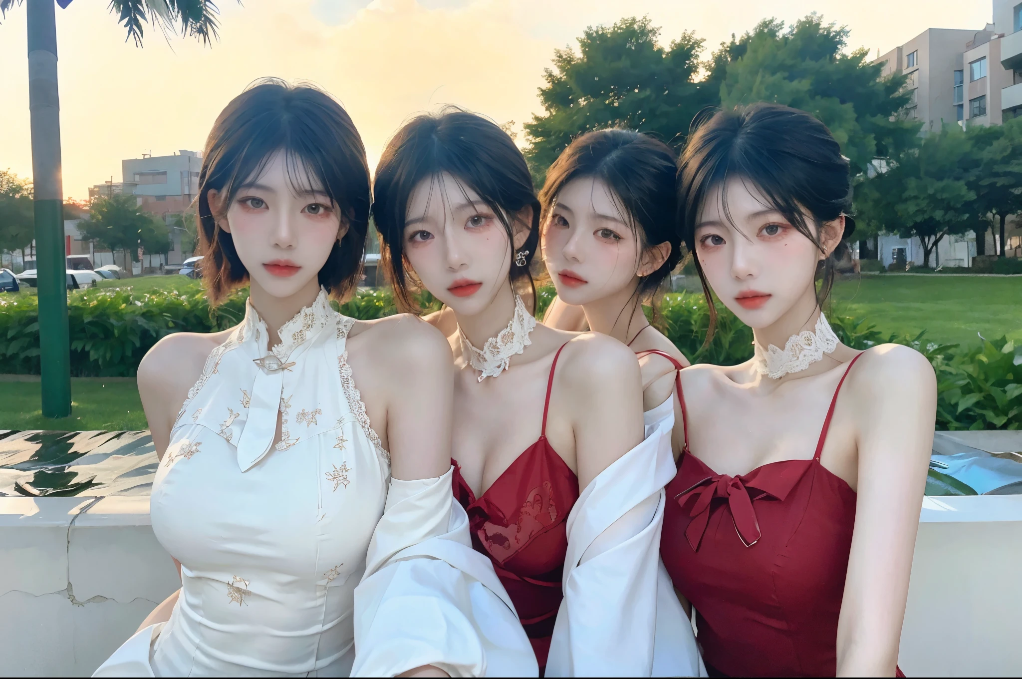 (masterpiece:1.3), (8K, Photorealistic, Raw photo, Best image quality: 1.4), Japanese supermodel women、30th Generation、(Random Hairstyles:1.2)、Cleavage:1.2、Super detailed face、Attention to detail、double eyelid、Put your chest together、Sharp focus:1.2、Beautiful woman:1.4、Light brown hair、Highest quality、masterpiece、Ultra-high resolution、(Photorealistic:1.4)、Highly detailed and professionally lit smile、A loose red lace dress、Off the shoulder、A simple, stylish room with a white base、Beautiful city view from the window