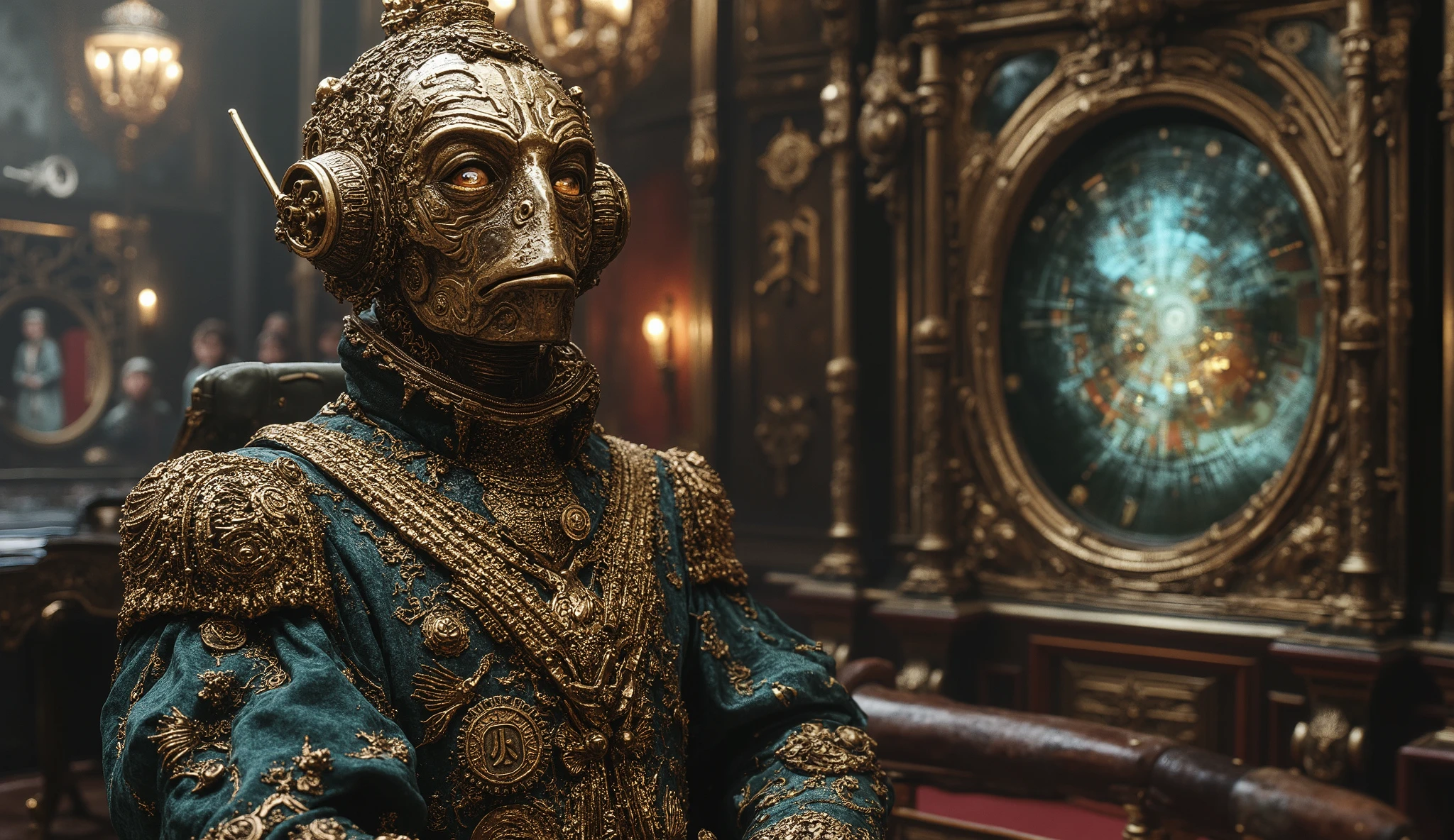 Ultra-smooth coherent movement, IMAX cinematic quality, hyper-detailed photorealism, extreme realism. Political intrigue and artificial intelligence. Hyperrealistic. The clandestine chamber beneath the Parliament of Britannia glows with arcane circuitry. A steam-powered android, draped in royal regalia, receives whispered orders through mechanical implants. The city above thrives in ignorance, unaware that their ruler is but a puppet with gilded gears. Close-up. The reflection of a ghostly conspiracy in the android’s polished bronze eye, where ancient runes pulse with forbidden energy. Dark Victorian aesthetics, moody lighting, hyper-detailed realism, 8K, cinematic precision.