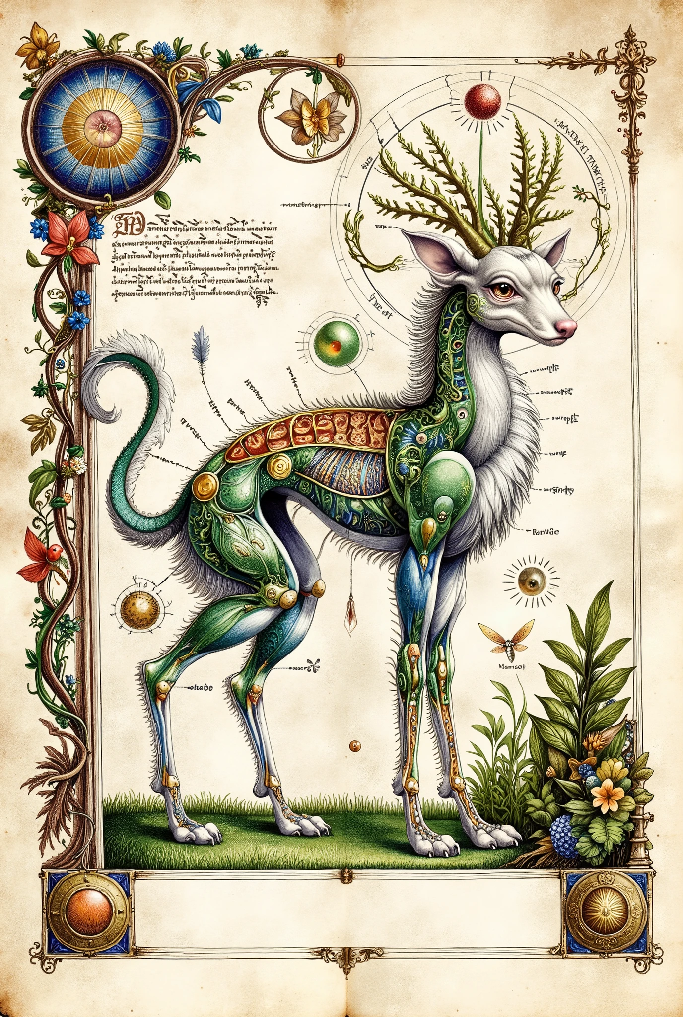 Medieval Illuminated manuscript style artwork, colorful ink pen linework, ((textbook manuscript page)) of labelled anatomical drawing of ((mythical fantastical woodland dreamland fae creature))