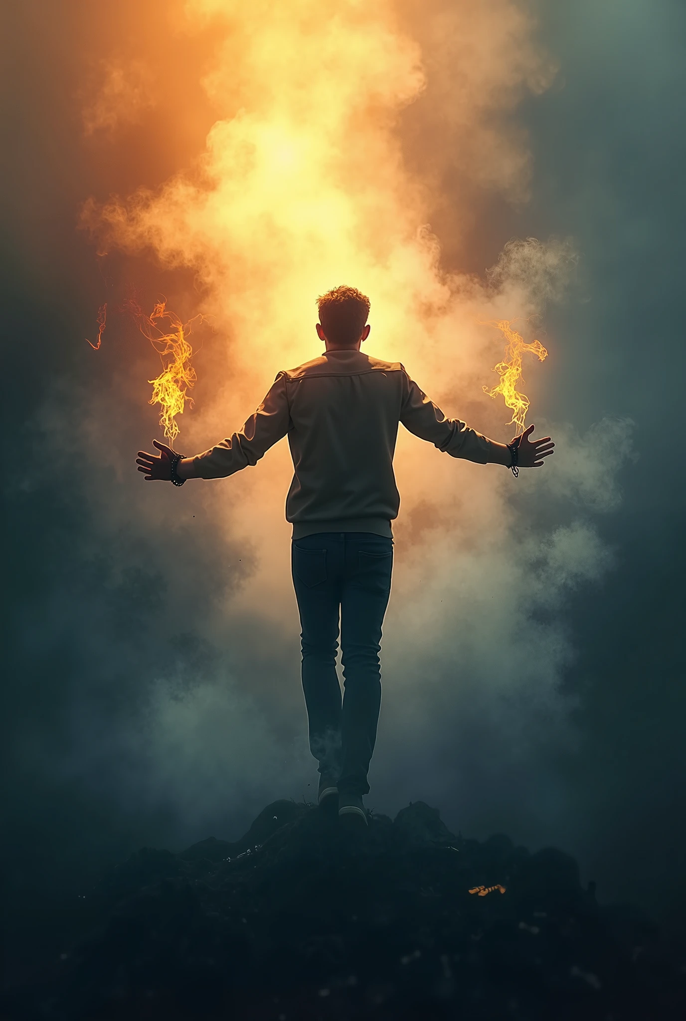 There is a man standing on a hill with his arms outstretched - SeaArt AI