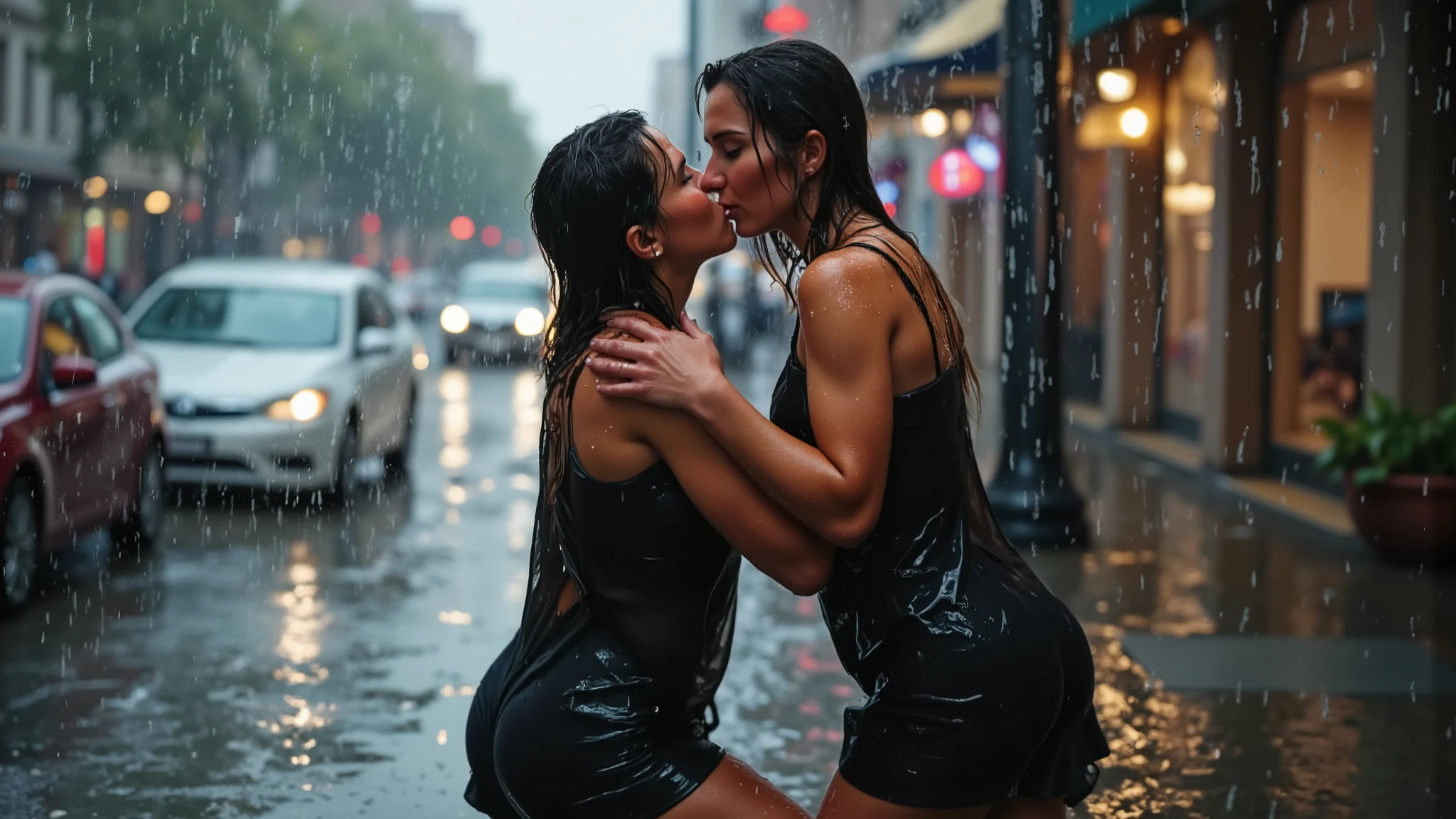 A photorealistic image of two beautiful young women, one 18 years old, the other 21 years old, on a city street pavement in the torrential rain, embracing and kissing. They are both completely soaked. Their hair has gone straggly and rain water is running down their faces.