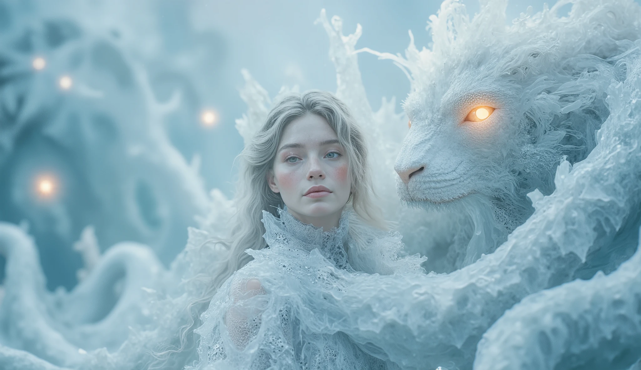 Ultra-smooth coherent movement, IMAX cinematic quality, hyper-detailed photorealism, extreme realism. In an ocean of liquid crystal, a Nordic woman with porcelain skin and soft silver hair stands, her gown flowing like liquid silver. The camera zooms in on her face, highlighting the subtle details in her expression as she stands amidst the floating mist creatures. The ever-changing sky above is filled with surreal colors, but the woman remains the central figure, illuminated by the soft, ethereal light. A massive translucent serpent coils beside her, its golden eyes glowing with ancient wisdom. The surreal landscape adds depth, but her face is the anchor of the scene, creating a dramatic and cinematic feel.