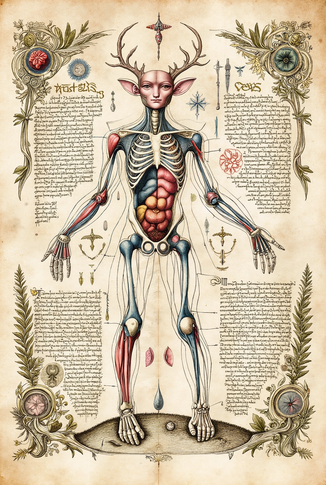 Medieval Illuminated manuscript style artwork, colorful ink pen linework, ((textbook manuscript page)) of labelled anatomical drawing of ((mythical fantastical weird woodland dreamland fae creature)), showing internal structure; bones, muscles, internal organs.
