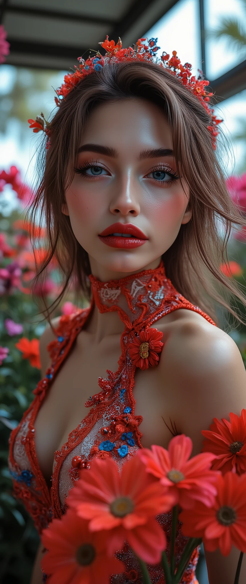 Realistic ((Photorealistic realism)), Hyper high resolution, ((Hyper insanel quality, epice masterciece, intricately detailed digital art)),((focus on extremely Realistic Proportion Body:1.3),"Portrait of {a woman with blue eyes, wearing a dress, standing in a garden}."(ultra realistic texture details: velvety skin, hair), ((sharp focus, no blurry eyes, Hyper absurd quality, Hyper details,Hyper realistic eyes:1.4)),((extra narrow eyebrows)),(Carefully draw Long blue_mascara:1.33),(perfect round eyes), (finely detailed pupils, (extremely fine details pupils)), detailed lips:1.3, (apply glossy red_lipstick:1.3), (perfect proportions:1.2), (holographic little bodysuit((lace fishnets, mesh stocking:1.2, intricately detailed:1.25))), (((she is the embodiment of beauty and allure, Dressed in a breathtaking and sophisticated floral bodysuit, elegant and sophisticated fashion:1.2), floral couture, clothes made of flower:1.25)), dslr, high quality split lighting, sharp focus captured by Fujifilm XT3, f 5.6,(perfect composition),((look at the viewer)), HDR, UHD, studio lighting, physically-based rendering, vivid colors,