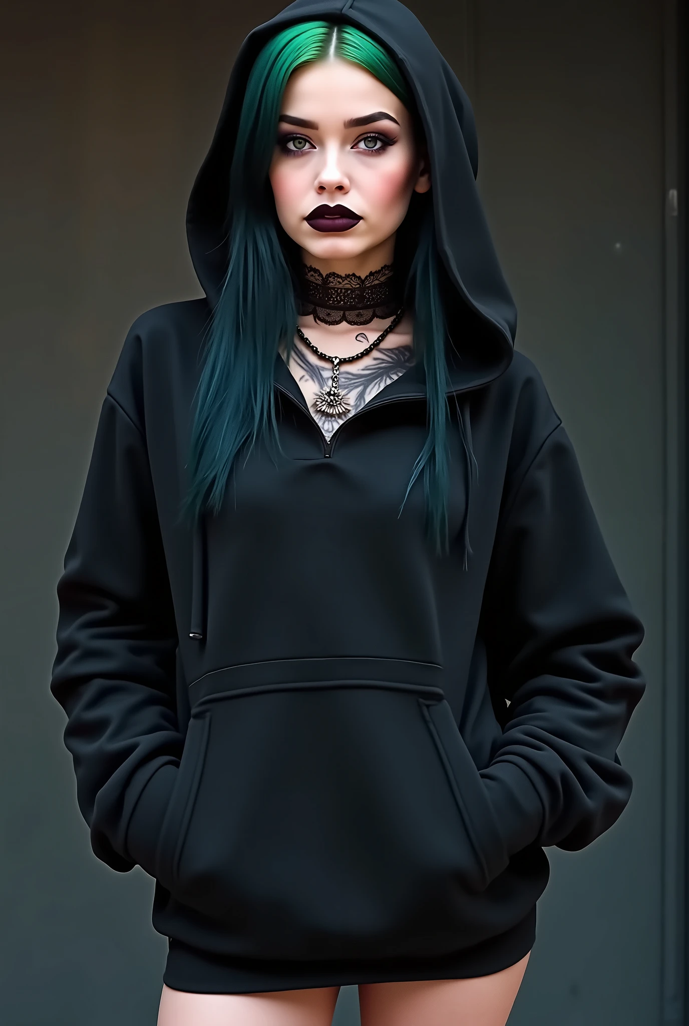 jeune gothique de 23 ans a new york dans les rue de la ville entrain de poser pour instagram portant seulement un oversized hoodie qui arrete a la mi-cuisse cheveux noir et vert, fille gothique,style alternatif , maquillé comme une saloppe, femme de 23 ans, cheveux long , curvy body , tatoo