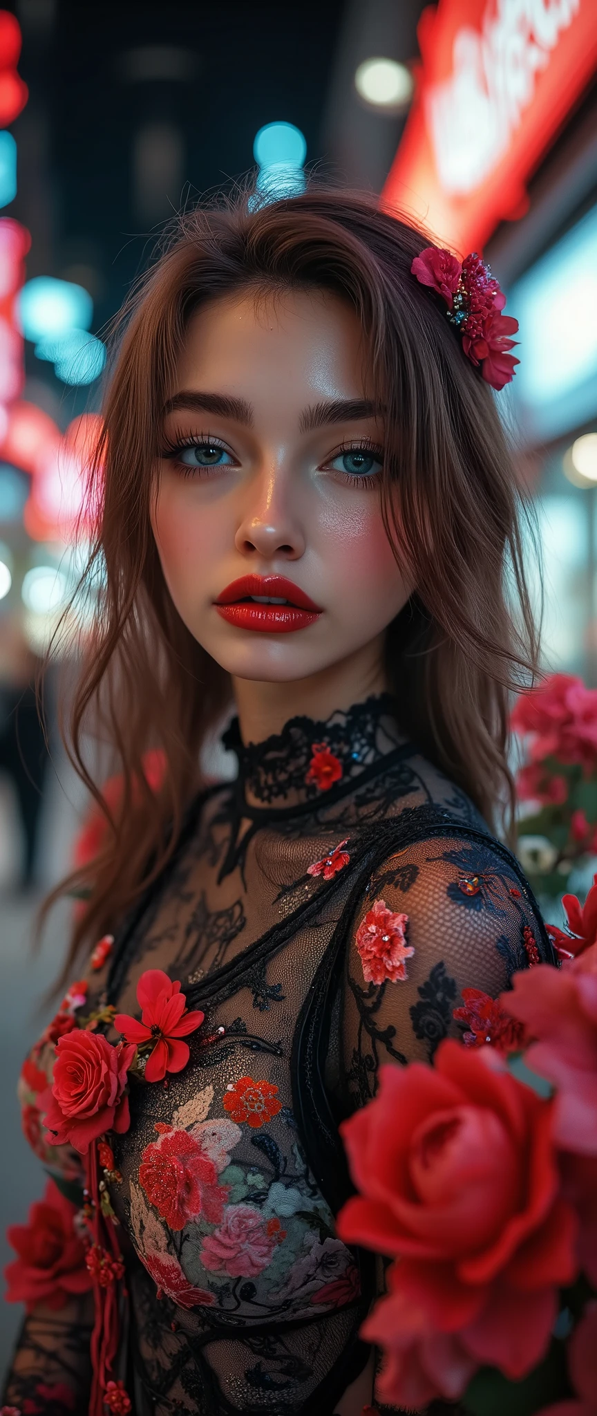 Realistic ((Photorealistic realism)), Hyper high resolution, ((Hyper insanel quality, epice masterciece, intricately detailed digital art)),((focus on extremely Realistic Proportion Body:1.3),"Portrait of {a woman with blue eyes, wearing a dress, standing in a garden}."(ultra realistic texture details: velvety skin, hair), ((sharp focus, no blurry eyes, Hyper absurd quality, Hyper details,Hyper realistic eyes:1.4)),((extra narrow eyebrows)),(Carefully draw Long blue_mascara:1.33),(perfect round eyes), (finely detailed pupils, (extremely fine details pupils)), detailed lips:1.3, (apply glossy red_lipstick:1.3), (perfect proportions:1.2), (holographic little bodysuit((lace fishnets, mesh stocking:1.2, intricately detailed:1.25))), (((she is the embodiment of beauty and allure, Dressed in a breathtaking and sophisticated floral bodysuit, elegant and sophisticated fashion:1.2), floral couture, clothes made of flower:1.25)), dslr, high quality split lighting, sharp focus captured by Fujifilm XT3, f 5.6,(perfect composition),((look at the viewer)), HDR, UHD, studio lighting, physically-based rendering, vivid colors,