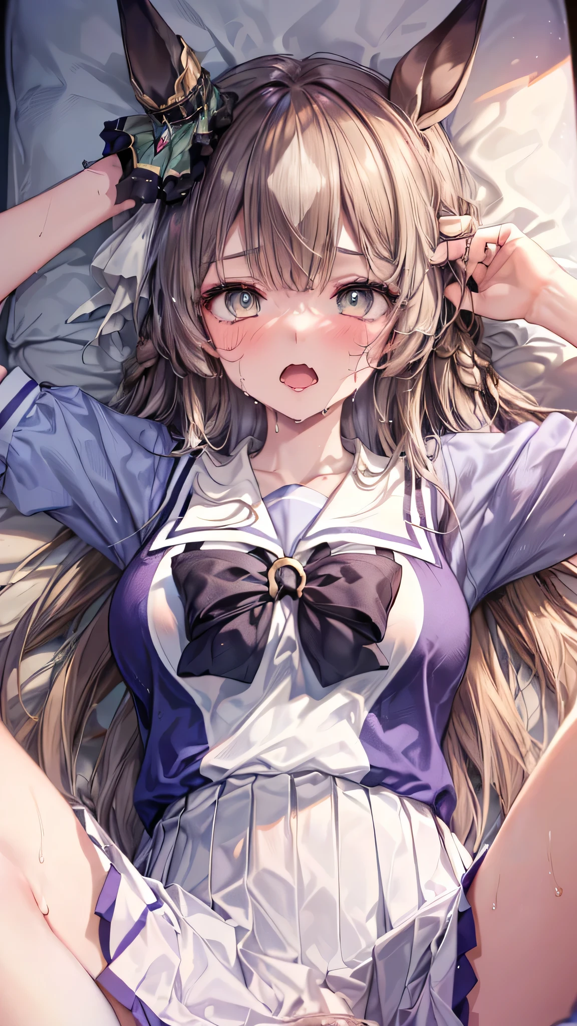(Illustration of upper body:1.2), (masterpiece, sidelighting, finely detailed beautiful eyes, ultra-detailed, ultra high res, high quality makeup, beautiful detailed eyes:1.2), sexy, big eyes, drooping eye, (bed room), (1  girl:1.4), (school uniforms, summer uniform:1.6), (huge breasts:1.2), (slender body:1.3), (blush cheek:1.4), (Extremely cute:1.2), (extremely detailed beautiful face:1.2), (Authentic skin texture:1.4), (beautiful hair, beautiful face, beautiful eyes, beautiful hands), satono diamond \(umamusume\),  (orgasm:1.6), (sexual aroused, sexual ecstasy climax face focus:1.6), (clothed:1.6), (shy:1.4), (face focus:1.6), (sweat:1.6), (arms up:1.3), (lying on back:1.4), (spread legs:1.6), (legs up:1.4),  (sex:1.6), (erect nipples:1.1)