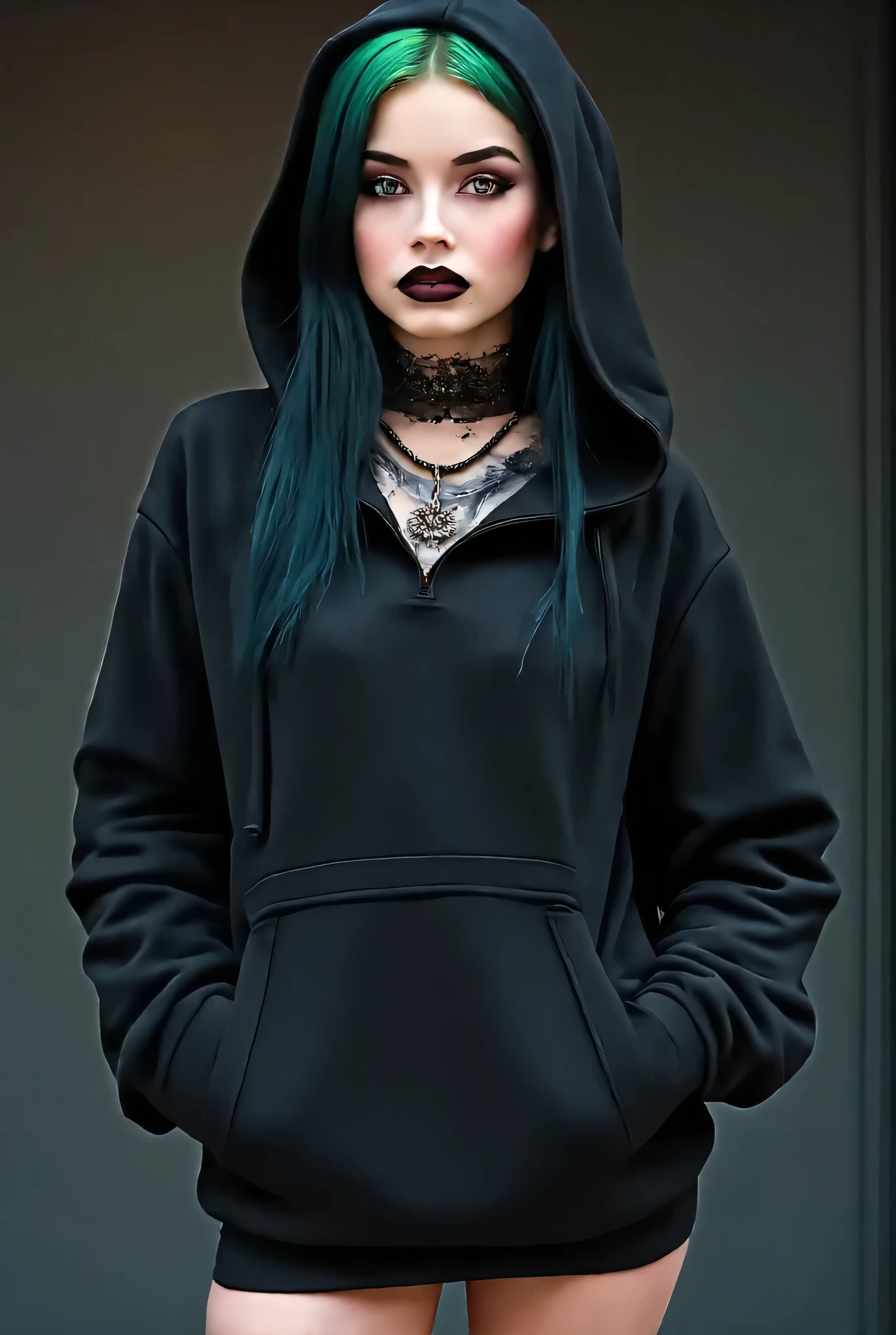  jeune gothique de 23 ans a new york dans les rue de la ville entrain de poser pour instagram portant seulement un oversized hoodie qui arrete a la mi-cuisse cheveux noir et vert,  fille gothique,style alternatif , maquillé comme une saloppe, femme de 23 ans, cheveux long , curvy body , tatoo 