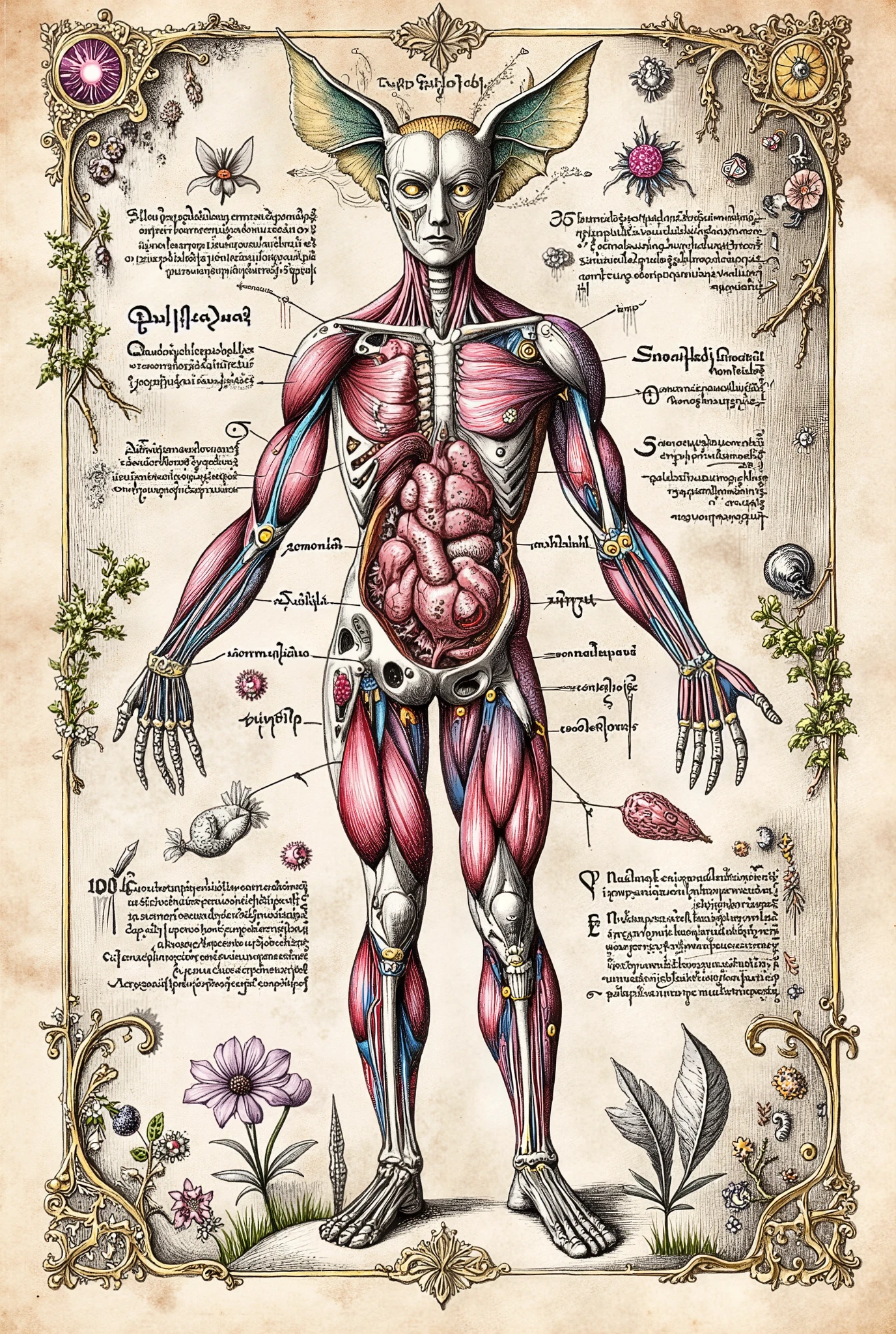 Medieval Illuminated manuscript style artwork, colorful ink pen linework, ((textbook manuscript page)) of labelled anatomical drawing of ((mythical fantastical weird woodland dreamland fae creature)), showing internal structure; bones, muscles, internal organs.