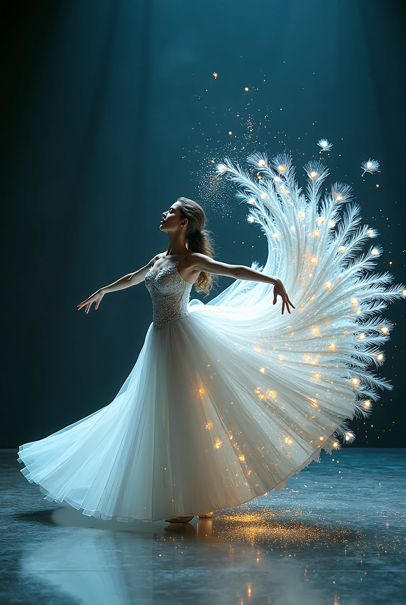 Arafed woman in a white dress with a feather flying around her - SeaArt AI