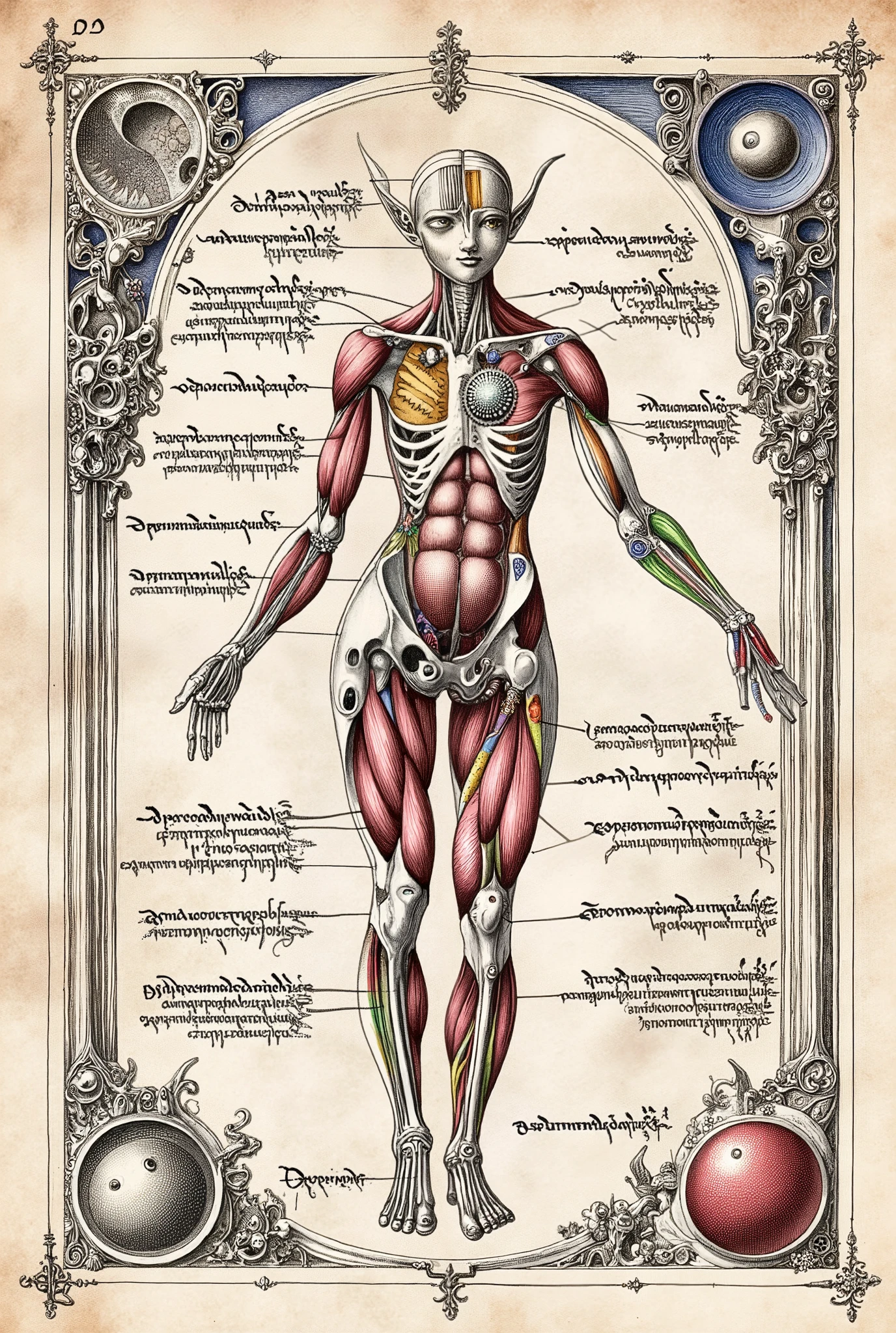 Medieval Illuminated manuscript style artwork, colorful ink pen linework, ((textbook manuscript page)) of labelled anatomical drawing of ((mythical fantastical Elf)), showing internal structure; bones, muscles, internal organs.