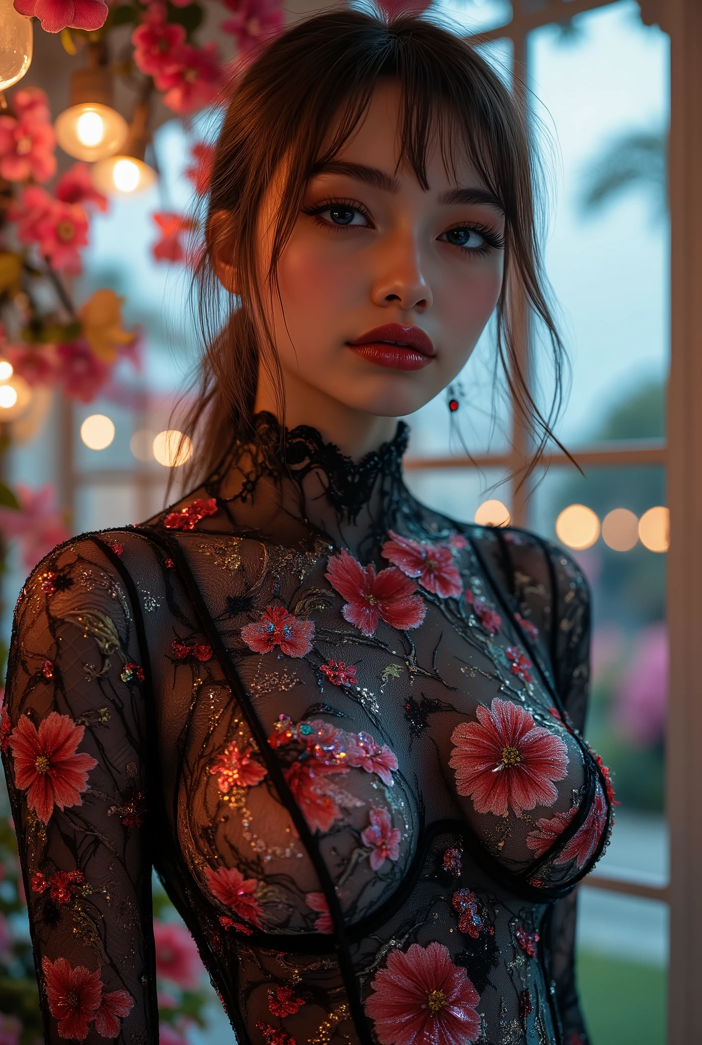 Realistic ((Photorealistic realism)), Hyper high resolution, ((Hyper insanel quality, epice masterciece, intricately detailed digital art)),((focus on extremely Realistic Proportion Body:1.3),"Portrait of {a woman with blue eyes, wearing a dress, standing in a garden}."(ultra realistic texture details: velvety skin, hair), ((sharp focus, no blurry eyes, Hyper absurd quality, Hyper details,Hyper realistic eyes:1.4)),((extra narrow eyebrows)),(Carefully draw Long blue_mascara:1.33),(perfect round eyes), (finely detailed pupils, (extremely fine details pupils)), detailed lips:1.3, (apply glossy red_lipstick:1.3), (perfect proportions:1.2), (((holographic)) little bodysuit((lace fishnets, mesh stocking:1.2, intricately detailed:1.25))), (((she is the embodiment of beauty and allure, Dressed in a breathtaking and sophisticated floral bodysuit, elegant and sophisticated fashion:1.2)) dslr, high quality split lighting, sharp focus captured by Fujifilm XT3, f 5.6,(perfect composition),((look at the viewer)), HDR, UHD, studio lighting, physically-based rendering, vivid colors,