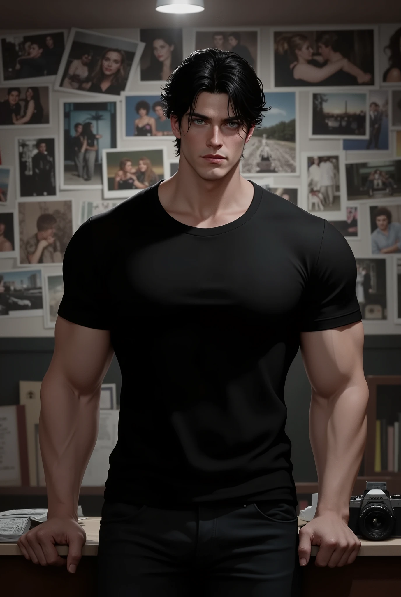 19 year old man, tall, strong, fair skin, disheveled black hair, light green eyes, defined jaw, full lips, he is wearing a black t-shirt and with his back turned looking to the side, he has broad shoulders and defined arms, he has a somber look, behind him is a desk with a camera and on the wall behind him there is a mural with several photos.