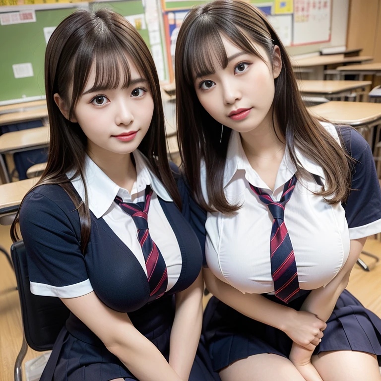 Two beautiful girls in a classroom, Short Micro Pleated Skirt,Pink checked bow tie,Showing nipples，18-year-old,bangs,smile,Thighs,knees,Low Ponytail，Spread your legs，Thighsの付け根を見せてください，