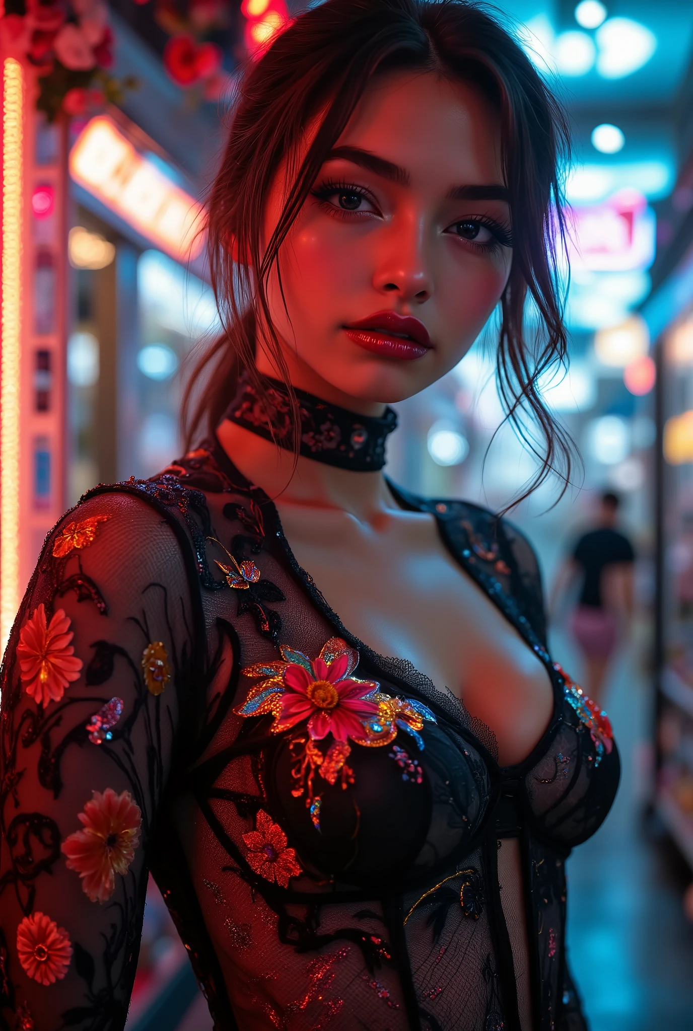 Realistic ((Photorealistic realism)), Hyper high resolution, ((Hyper insanel quality, epice masterciece, intricately detailed digital art)),((focus on extremely Realistic Proportion Body:1.3),"Portrait of {a woman with blue eyes, wearing a dress, standing in a garden}."(ultra realistic texture details: velvety skin, hair), ((sharp focus, no blurry eyes, Hyper absurd quality, Hyper details,Hyper realistic eyes:1.4)),((extra narrow eyebrows)),(Carefully draw Long blue_mascara:1.33),(perfect round eyes), (finely detailed pupils, (extremely fine details pupils)), detailed lips:1.3, (apply glossy red_lipstick:1.3), (perfect proportions:1.2), (((holographic)) little bodysuit((lace fishnets, mesh stocking:1.2, intricately detailed:1.25))), (((she is the embodiment of beauty and allure, Dressed in a breathtaking and sophisticated floral bodysuit, elegant and sophisticated fashion:1.2)) dslr, high quality split lighting, sharp focus captured by Fujifilm XT3, f 5.6,(perfect composition),((look at the viewer)), HDR, UHD, studio lighting, physically-based rendering, vivid colors,