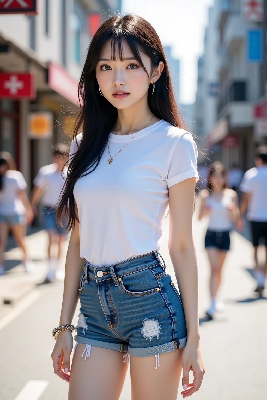 best qualtiy，tmasterpiece，超高分辨率，（realisticlying：1.4），RAW photogr，（Evening street），1个Giant Breast Girl，黑The eye，long whitr hair，Light makeup，cparted lips，tiny ears，whitet-shirt，denim short，Beautiful Women with Perfect Figure:1.4, （exteriors，beachside：1.1），the city street，Ultra-fine face，Fine eyes，二重まぶた