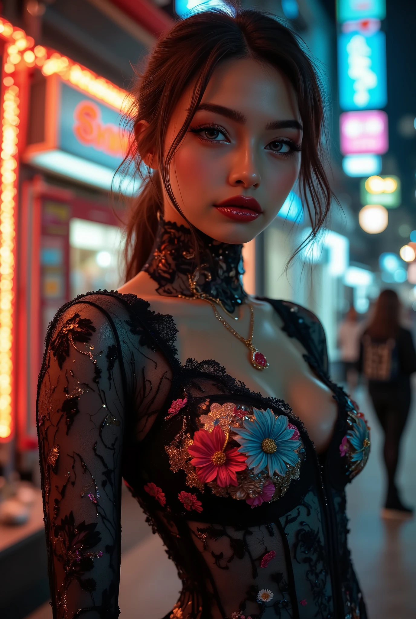 Realistic ((Photorealistic realism)), Hyper high resolution, ((Hyper insanel quality, epice masterciece, intricately detailed digital art)),((focus on extremely Realistic Proportion Body:1.3),"Portrait of {a woman with blue eyes, wearing a dress, standing in a garden}."(ultra realistic texture details: velvety skin, hair), ((sharp focus, no blurry eyes, Hyper absurd quality, Hyper details,Hyper realistic eyes:1.4)),((extra narrow eyebrows)),(Carefully draw Long blue_mascara:1.33),(perfect round eyes), (finely detailed pupils, (extremely fine details pupils)), detailed lips:1.3, (apply glossy red_lipstick:1.3), (perfect proportions:1.2), (holographic little bodysuit((lace fishnets, mesh stocking:1.2, intricately detailed:1.25))), (((she is the embodiment of beauty and allure, Dressed in a breathtaking and sophisticated floral bodysuit, elegant and sophisticated fashion:1.2), floral couture, clothes made of flower:1.25)), dslr, high quality split lighting, sharp focus captured by Fujifilm XT3, f 5.6,(perfect composition),((look at the viewer)), HDR, UHD, studio lighting, physically-based rendering, vivid colors,