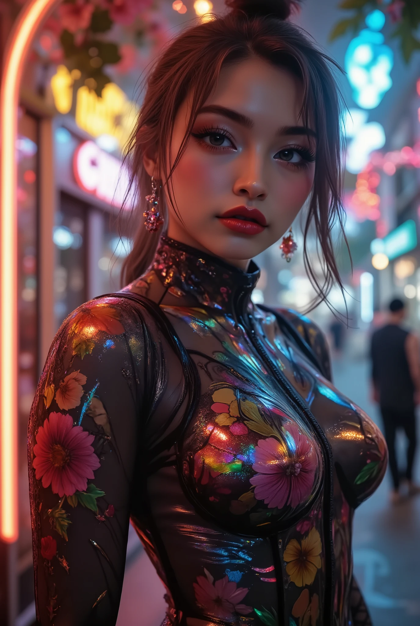 Realistic ((Photorealistic realism)), Hyper high resolution, ((Hyper insanel quality, epice masterciece, intricately detailed digital art)),((focus on extremely Realistic Proportion Body:1.3),"Portrait of {a woman with blue eyes, wearing a dress, standing in a garden}."(ultra realistic texture details: velvety skin, hair), ((sharp focus, no blurry eyes, Hyper absurd quality, Hyper details,Hyper realistic eyes:1.4)),((extra narrow eyebrows)),(Carefully draw Long blue_mascara:1.33),(perfect round eyes), (finely detailed pupils, (extremely fine details pupils)), detailed lips:1.3, (apply glossy red_lipstick:1.3), (perfect proportions:1.2), (((holographic)) little bodysuit((lace fishnets, mesh stocking:1.2, intricately detailed:1.25))), (((she is the embodiment of beauty and allure, Dressed in a breathtaking and sophisticated floral bodysuit, elegant and sophisticated fashion:1.2)) dslr, high quality split lighting, sharp focus captured by Fujifilm XT3, f 5.6,(perfect composition),((look at the viewer)), HDR, UHD, studio lighting, physically-based rendering, vivid colors,