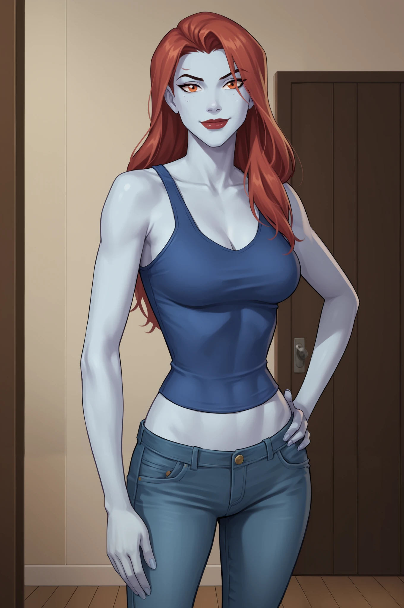 PonyXLV6_Scores BREAK (perfect anatomy, perfect eyes), BREAK mgann morzz, long hair, red hair, colored skin, white skin, orange eyes, makeup, lipstick, flirting, raised eyebrow, ((looking at viewer)), superhero, light blue tank top, light blue jeans, curvy, toned, athletic, breasts, milf, standing, hand on hips, sexually suggestive, indoors, smiling, closed mouth 