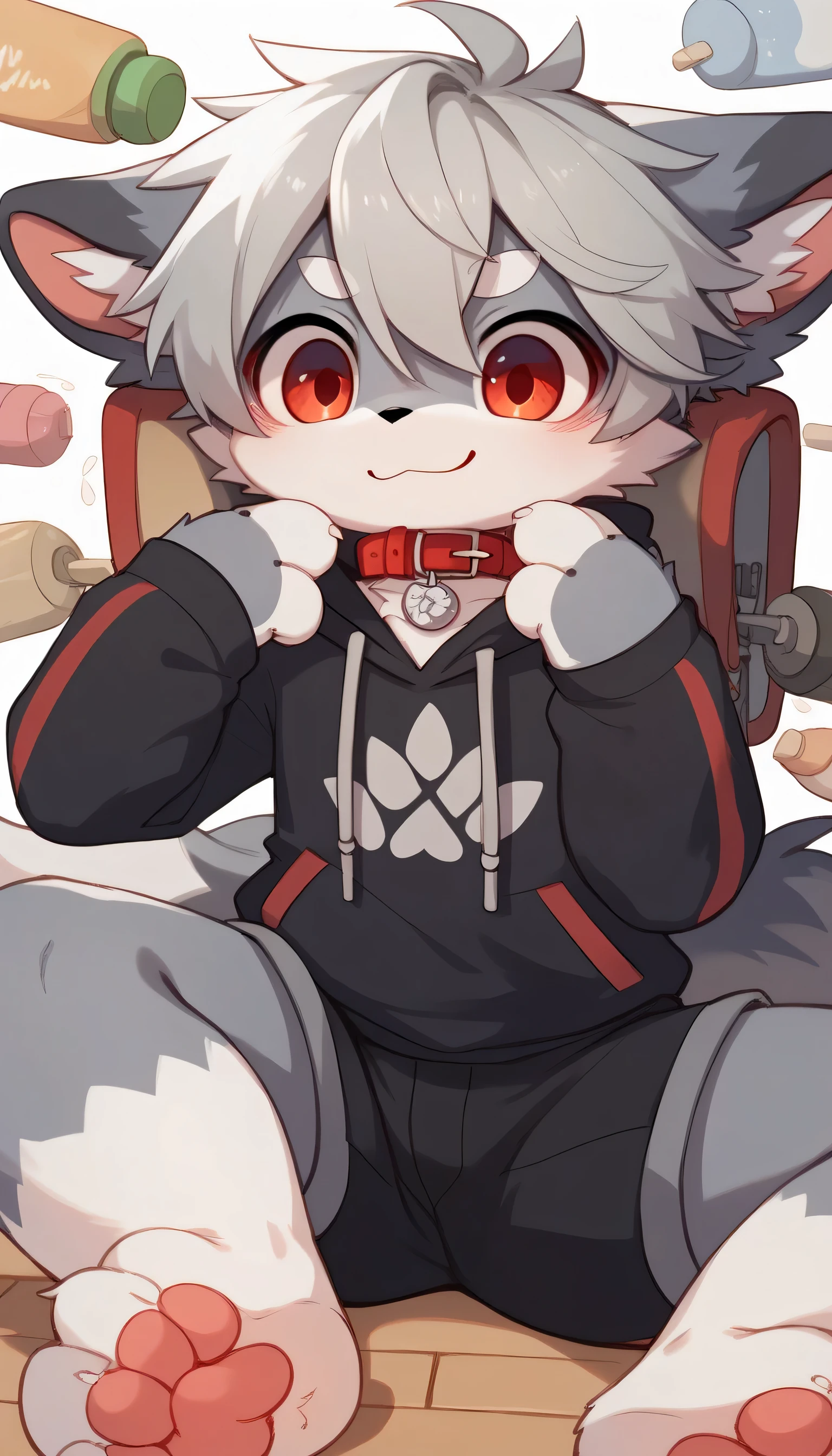 very detailed having fun in great detail,gray hair and gray fur , gray wolf , shemono,Grey Hair,,Participation, red collar on the floor, cute face, fluffy fur ,The three cute furries dance !Horny boy , white background, embarrassed face,wide smile,happy smile cute grey fur fur, estrus, droopy ears, alone, black shorts , sweatshirt , Long Sleeve ,trend,