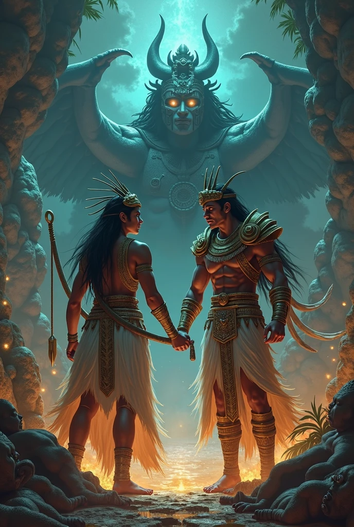Two Mayan gods creating animals (deer, birds, jaguars, Snakes, pieces, etc"
