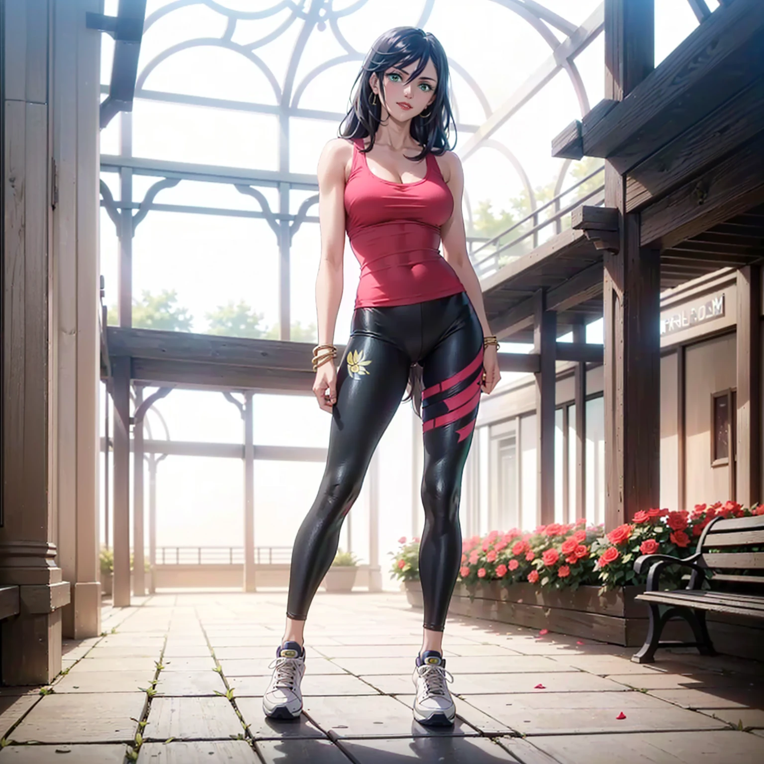 ((1girl, solo ,alone, ((brunehilde, long hair, black hair, green eyes)), gold bracelets, ruby earrings)), ((solo, 1woman, pink lipstick, Extremely detailed, ambient soft lighting, 4k, perfect eyes, a perfect face, perfect lighting, a 1girl)), austere, ((fitness,, shapely body, athletic body, toned body)), ((leggings, lycra pants, top shirt, women's tank top, gym, sneakers, gymnastics, park, square, path, trail, trees, flowers, bushes, park bench, pond, smug, red lipstick, tribal print))