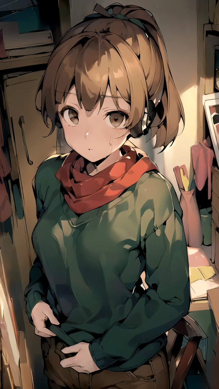 ((masterpiece,best quality)), {DATE_artstyle_LoRA : Manga_Style} {horror_edit : Lofi_vibe_filter} {} { (brown ponytail, lofi girl, brown_eyes , perfectly_small_shape_breast : perfectly_slender_body  :  } { , green sweater and red scarf, brown_pants }  {    :} {standing_still} {  { no_emotion : hypnotic_eyes : hypnotized_eyes }} { sweating  } { } : messy lofi room :   }