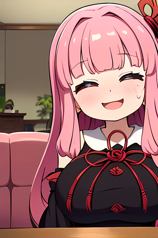  kotonoha akane,(( is puzzling)),Small eyes,round face,(hair ribbon),pink hair,long hair,(((One double tooth))),(((big breast))),(( chubby)) ,((black dress)), detached sleeves, wide sleeves, bare shoulders ,(sweat ),((((big smile:1.5))),(((Excited))),((( happy))),((( High Tension :1.4))), indoor, living room ,(upper body ),((( Focus on Women ))), angle from before,