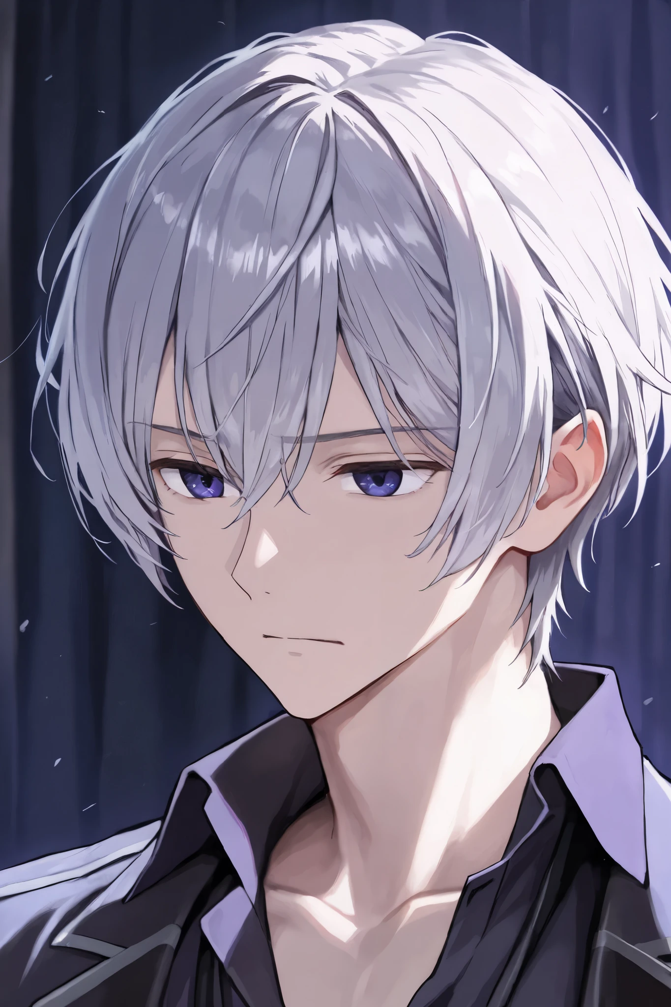Male, silver hair, indigo blue eyes, slender, duke, no highlights in eyes, abi a la française, serial killer, blood splatter, ducal residence, cool