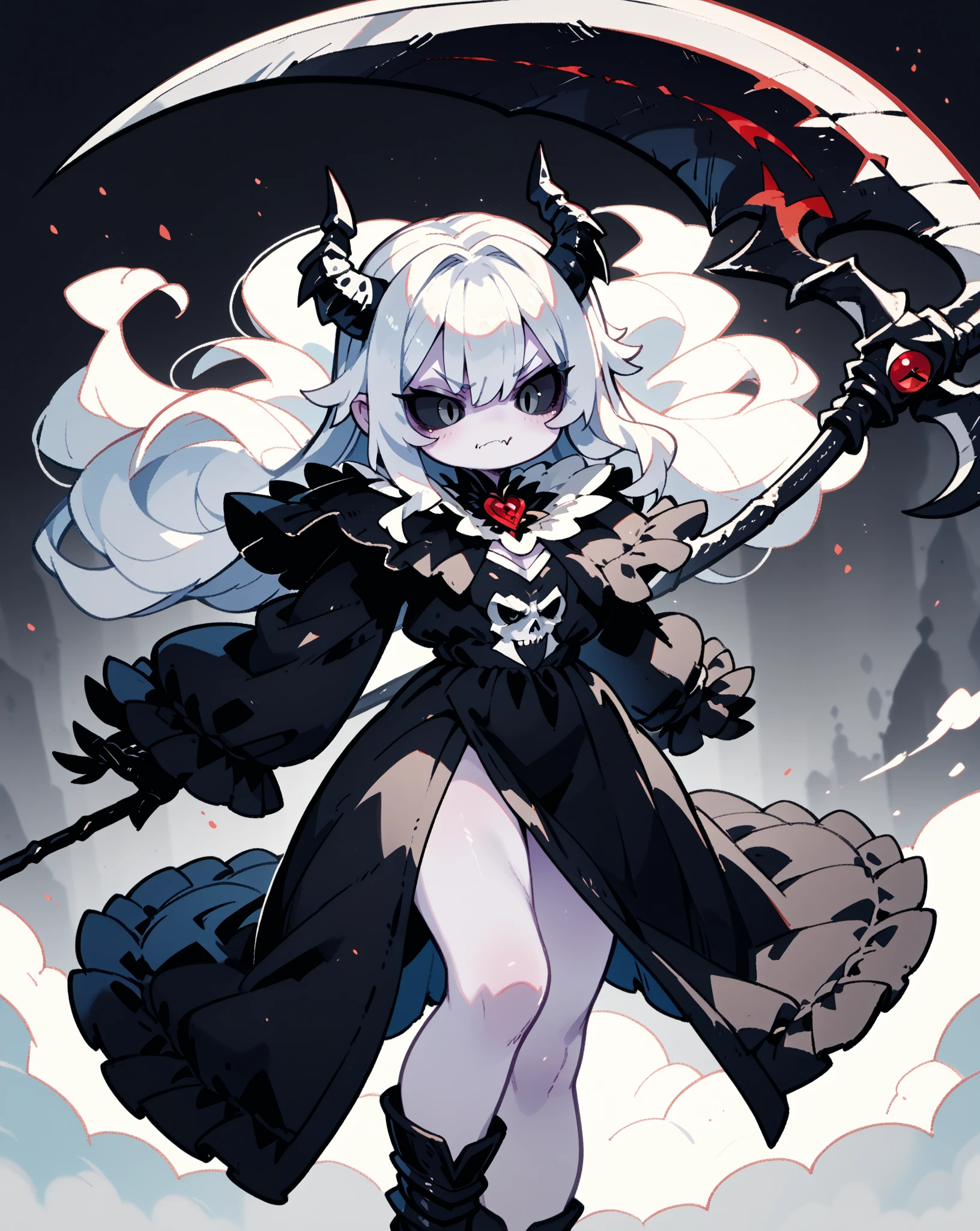 masterpiece,(bestquality),highlydetailed,ultra-detailed, light, (white hair:black hair:0.8), (demon girl:1.5), (horns:1.2), (black stockings:0.9), (high heels:0.8), (scythe:1.0)