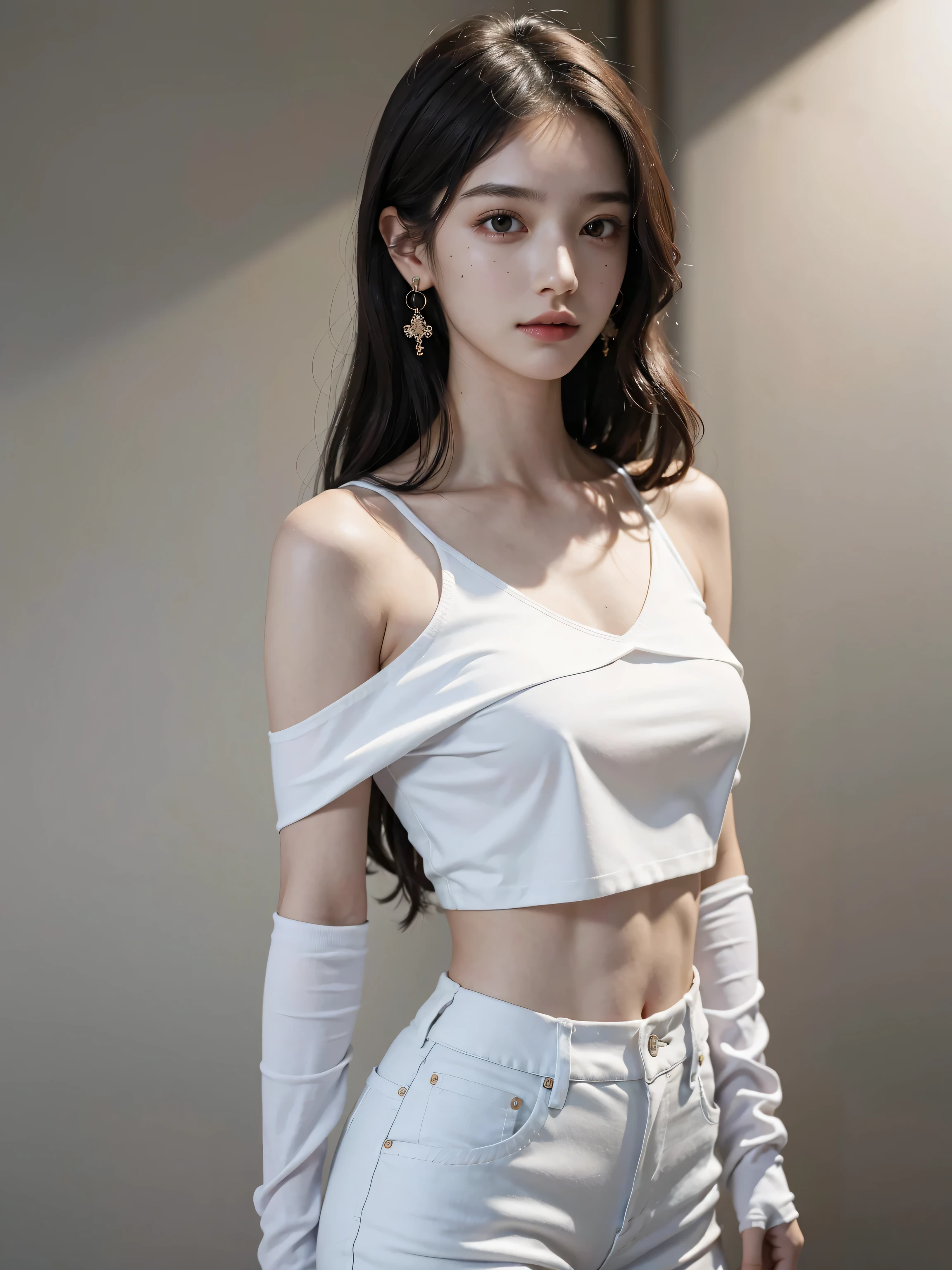 （realistic,high resolution：1.3）， skinny girl， Their facial features and eyes are very delicate.,black hair,red glossy lips,(Beautiful face), (best quality), (Superb details), (A collection of 8k CG wallpapers that are very detailed.),((Tight off-the-shoulder shirt)),(white background),(rift),Look sexy,Big eyes,(stand),(Slim waistline),teardrop-shaped breasts,soft breasts,The breasts are very realistic.,Character is central,underwear sash,shorts,sexy pose