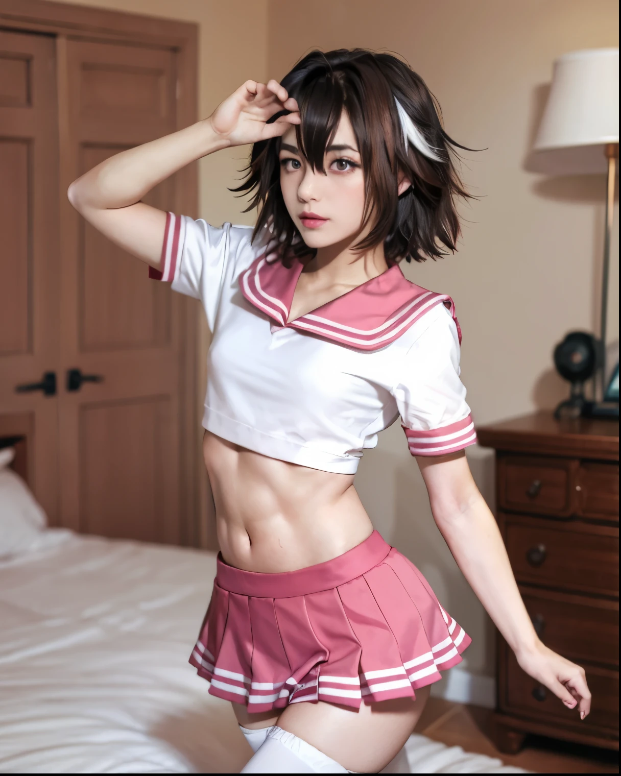 One man, femboy, feminine man, dark hair, hair between eyes, brown eyes, makeup, pink sailor collar, midriff, pink skirt, white thighhighs, standing, bedroom, lean, curvy body